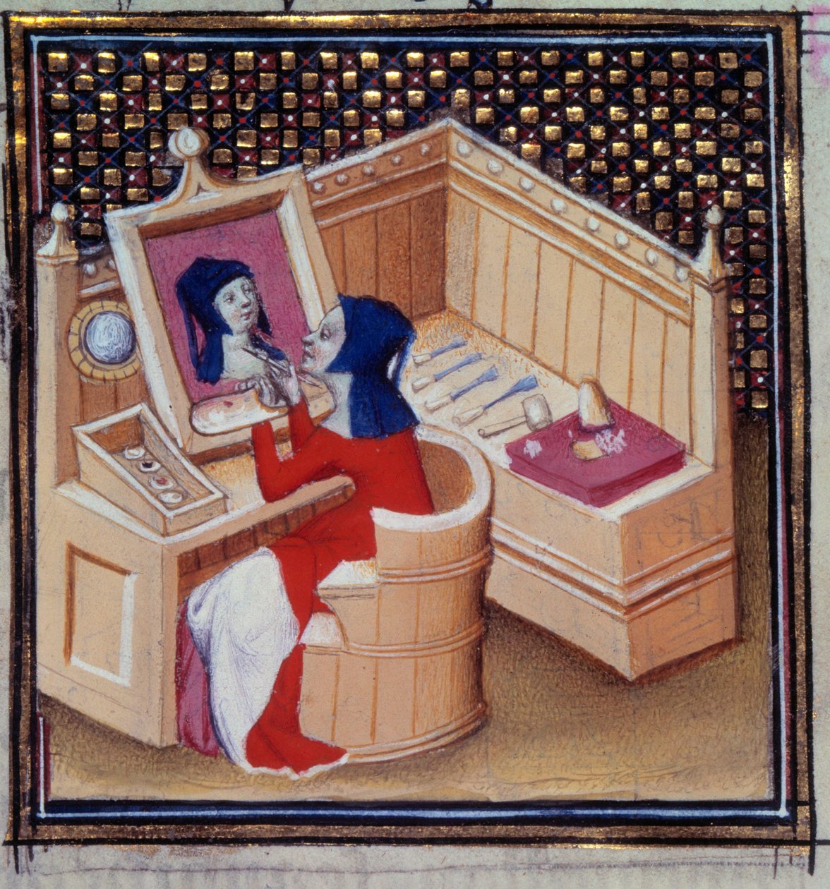 Iaia (Marcia de Cyzicus), římská malířka, malující svůj vlastní miniaturní portrét z „“De mulieribus claris“““ (Des clair et nobles femmes)““ od Giovanniho Boccacia (Boccace) (1313-1373) od Unknown artist