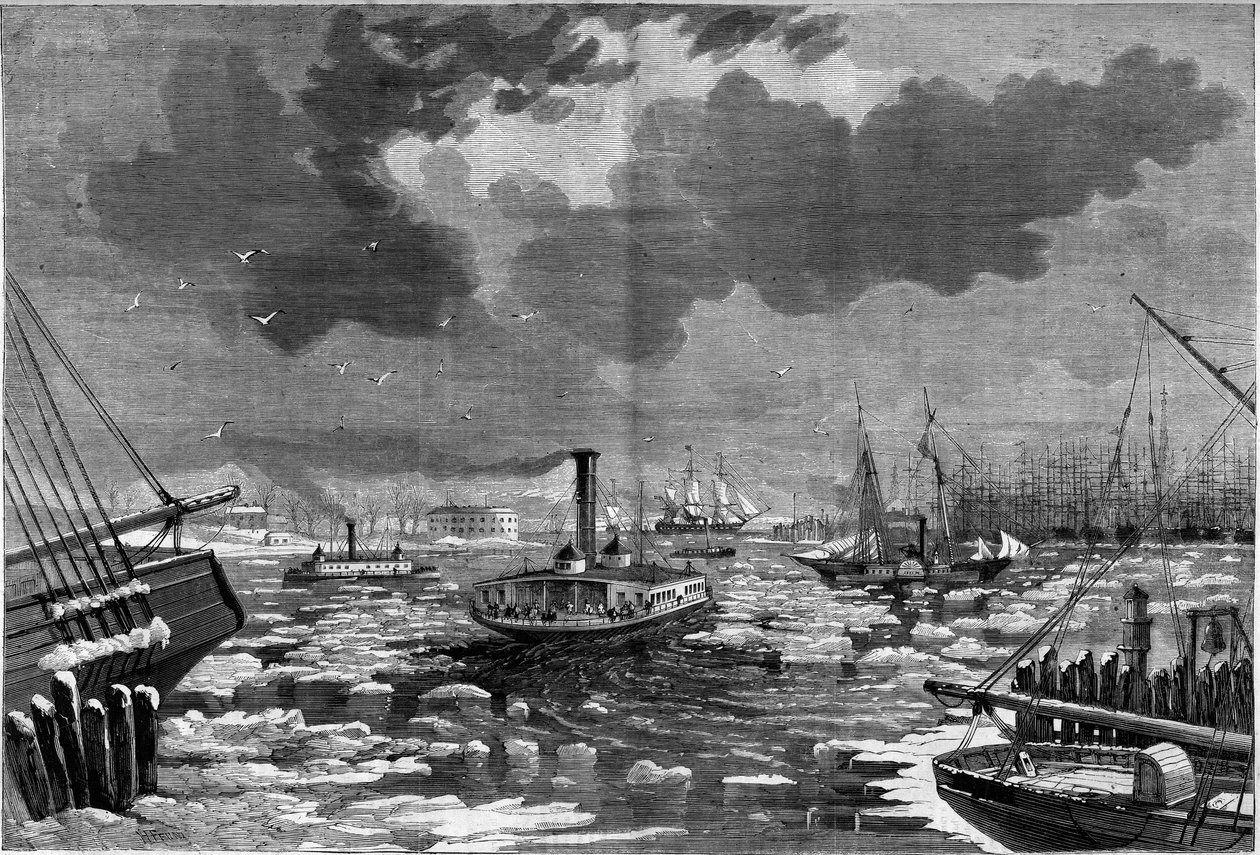 Ledový debakl v New Yorku (New York), Spojené státy americké (Spojené státy americké) při pohledu z východní řeky. Gravírování do „“The Illustrious Universe““ od Unknown artist