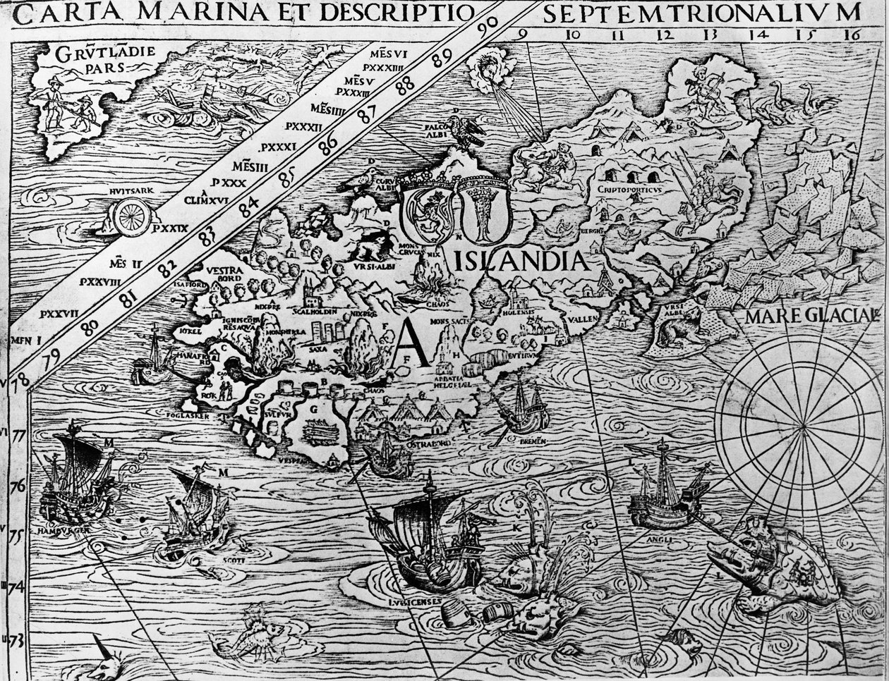 Island, cca 1539, detail z přístavu Carta od švédského arcibiskupa Olause Magnuse (1490-1557) od Unknown artist