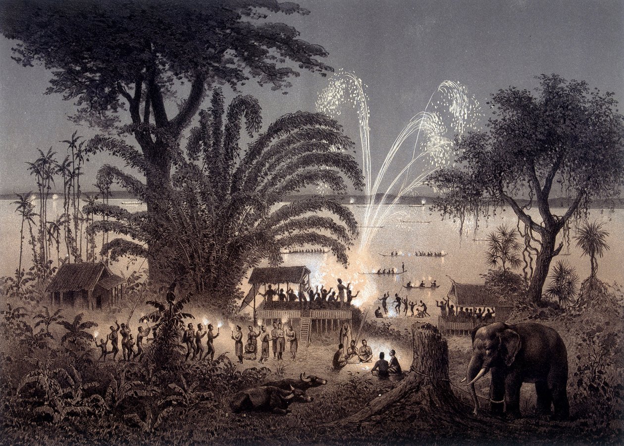 Osvětlení řeky během festivalu Bassac, siamský Laos. V „“Atlasu průzkumné plavby v Indočíně uskutečněné v letech 1866-1868““ vydaném pod vedením F. Garniera 1873. od Unknown artist
