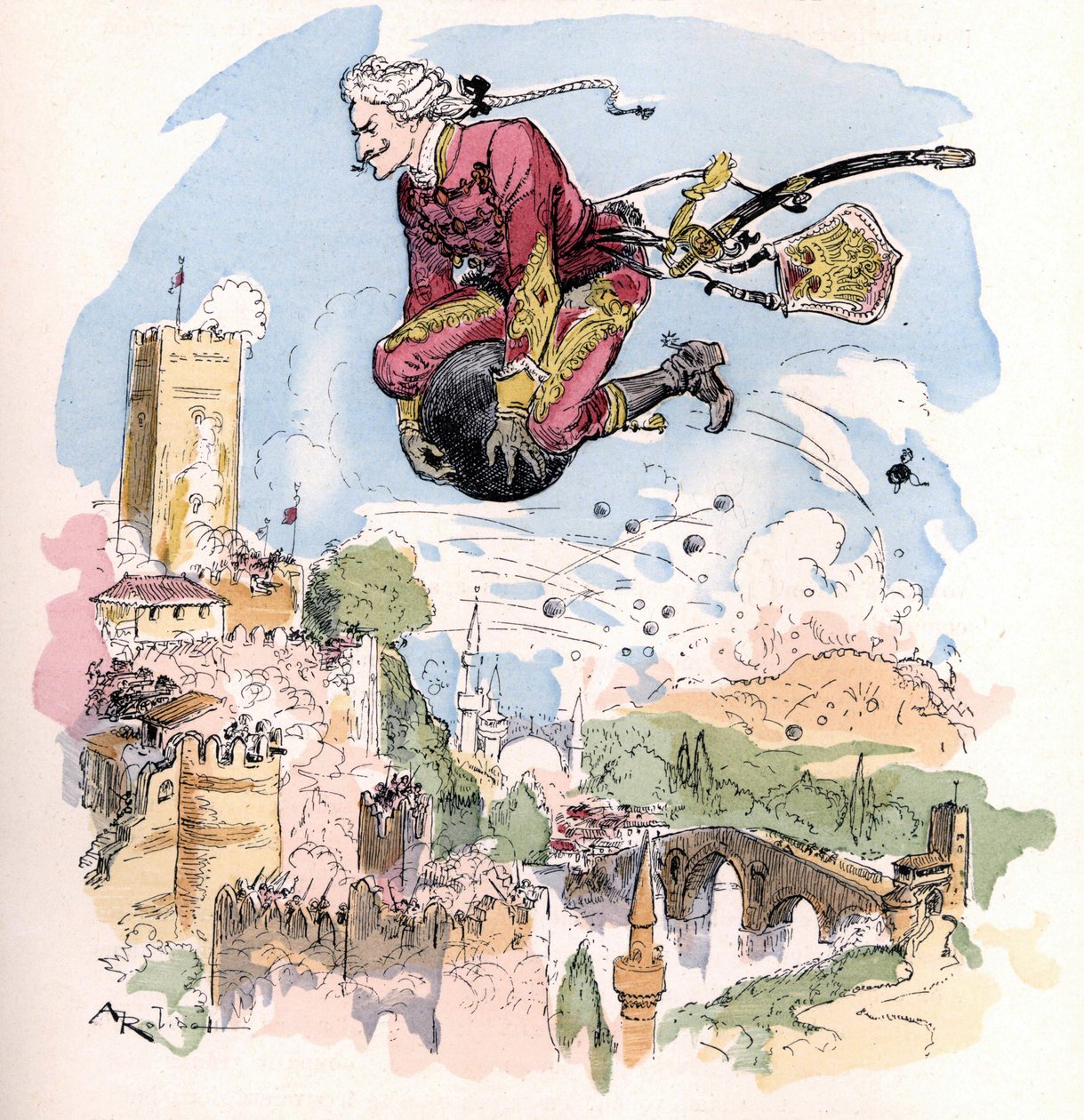 Ilustrace Albert Robida v „Histoire et aventures du Baron de Munchausen (Munchhausen), H. Laurens Ed., konec 19. století.“ “ od Unknown artist