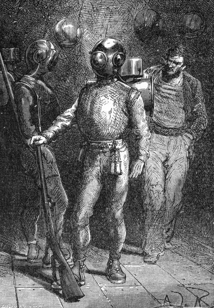 Ilustrace z ""Dvacet tisíc mil pod mořem"" (Vingt-mille - 20 000 - 20000) od Julese Verna. Námořník z Nautilu v potápěčském obleku Rouquayrol - Denayrouze. 19. století rytina. od Unknown artist