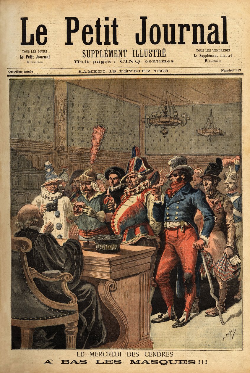 Ilustrace k Popeleční středě, po masopustním karnevalu, procházejí party kostýmy před soudcem, aby se odhalily. Rytina v „“ Le petit journal“ 18/02/1893. Selva sbírka. od Unknown artist