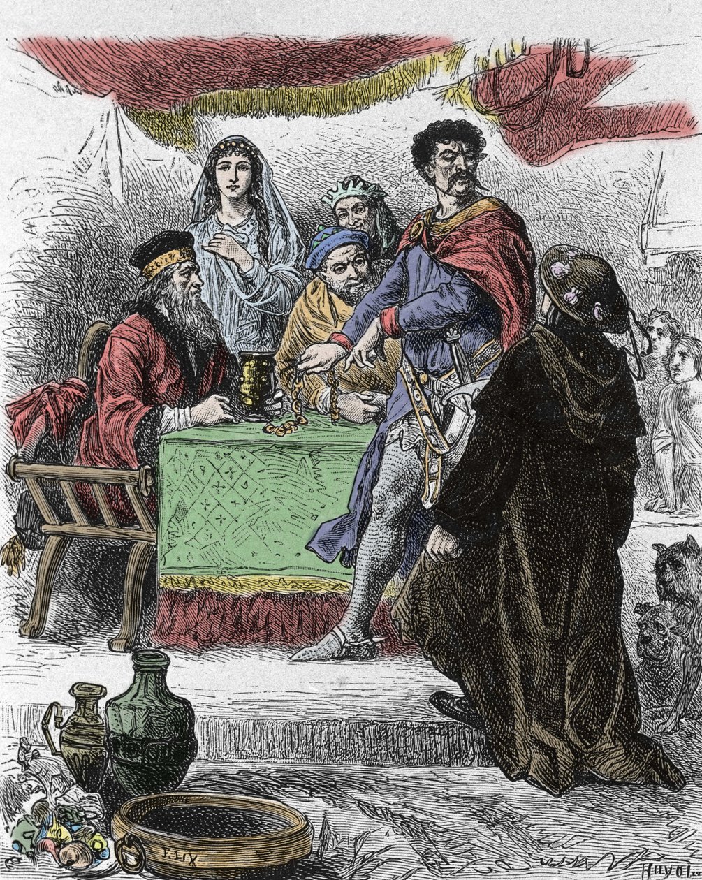 Ilustrace pro „Ivanhoe“ od Waltera Scotta (1771-1832), skotského spisovatele: Ivanhoe je napaden saským rytířem Brianem de Bois Guilbertem. od Unknown artist