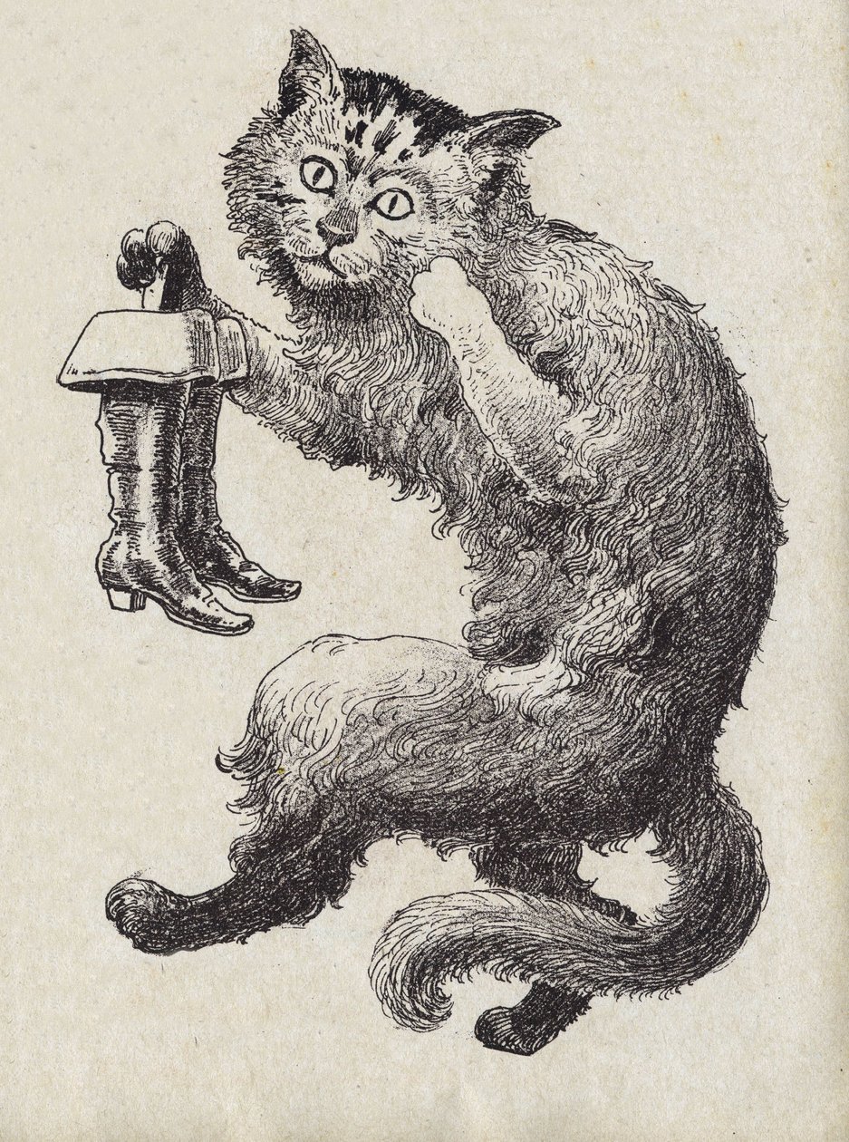 Ilustrace k „“Le chat Botte“, příběh Charlese Perraulta (1628-1703), francouzského spisovatele. Anonymní ilustrace. Snímky Marcel Vagne, Jarville Nancy, nedatováno (konec 19. století). od Unknown artist