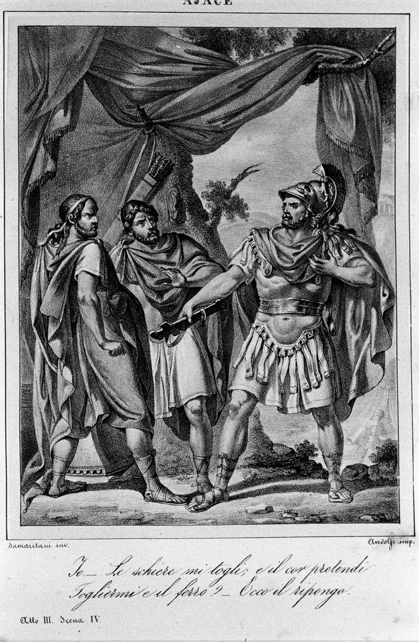 Ilustrace ke scéně 3 dějství IV „“ Ajax““ (Aiace) od italského básníka a dramatika Ugo Foscolo (1778-1827) 19. století od Unknown artist
