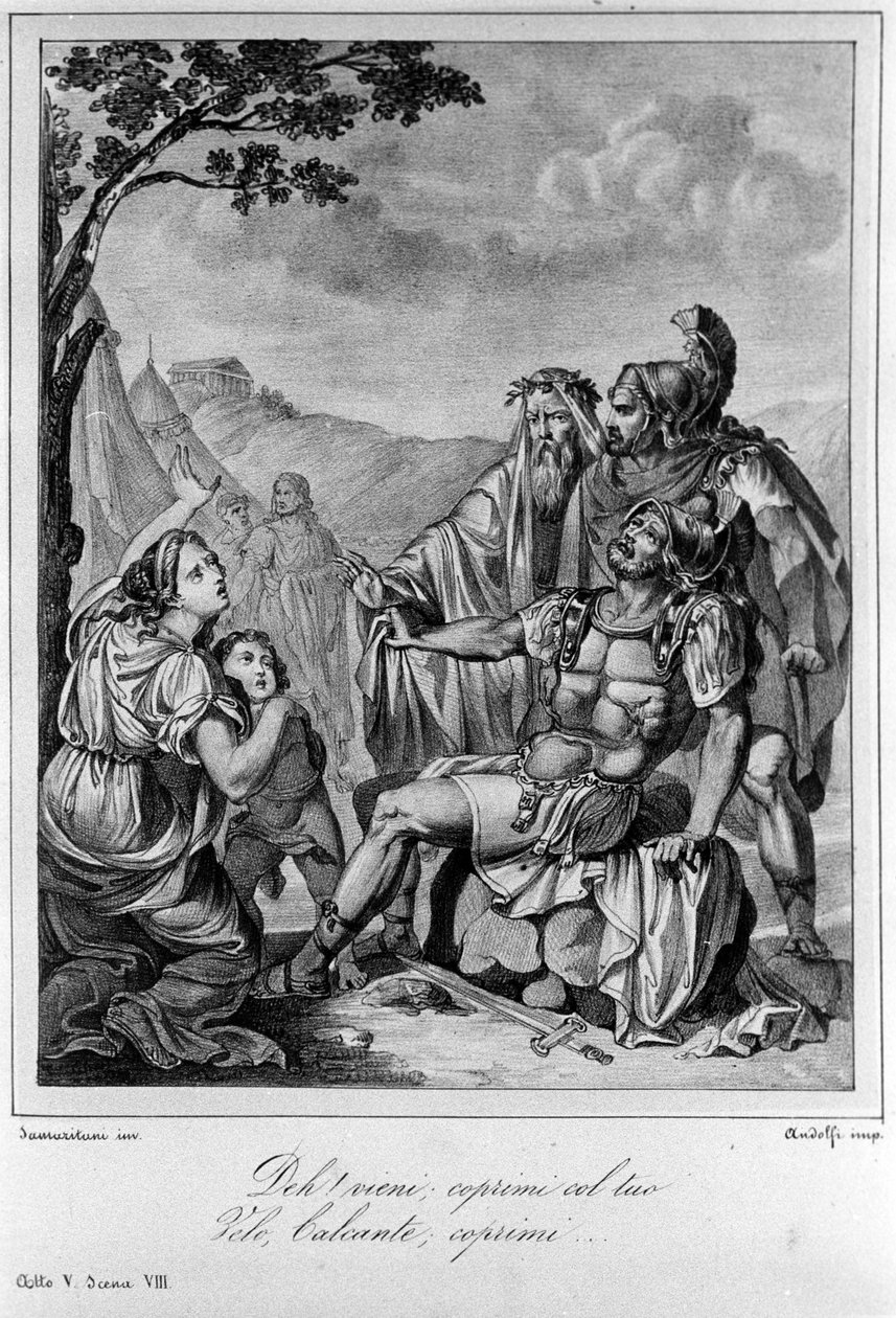 Ilustrace ke scéně 8 V. dějství „“ Ajax““ (Aiace) od italského básníka a dramatika Ugo Foscolo (1778-1827) 19. století od Unknown artist