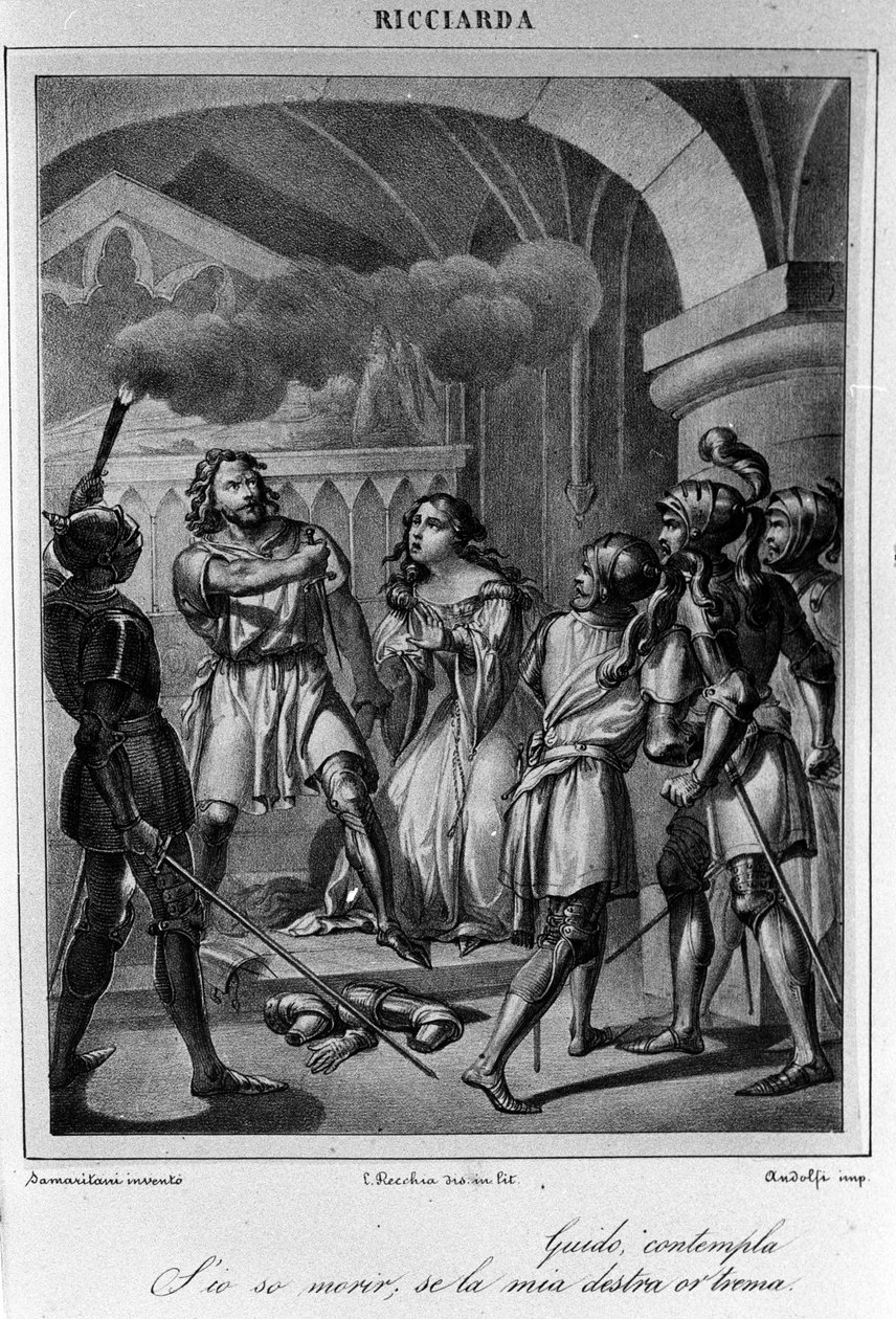 Ilustrace k poslední scéně V. dějství „Ricciarda“ od italského básníka a dramatika Ugo Foscolo (1778-1827) 19. století od Unknown artist