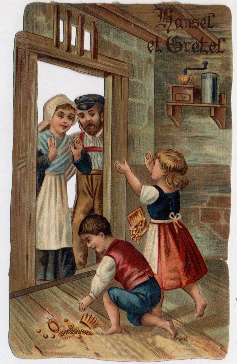 Ilustrace k příběhu bratří Grimmů „Jíšek a Mařenka““: Jeníček a Mařenka se vrátili do svých domovů, darovali rodičům šperky, které měli. Chromolitografie konce 19. století. od Unknown artist
