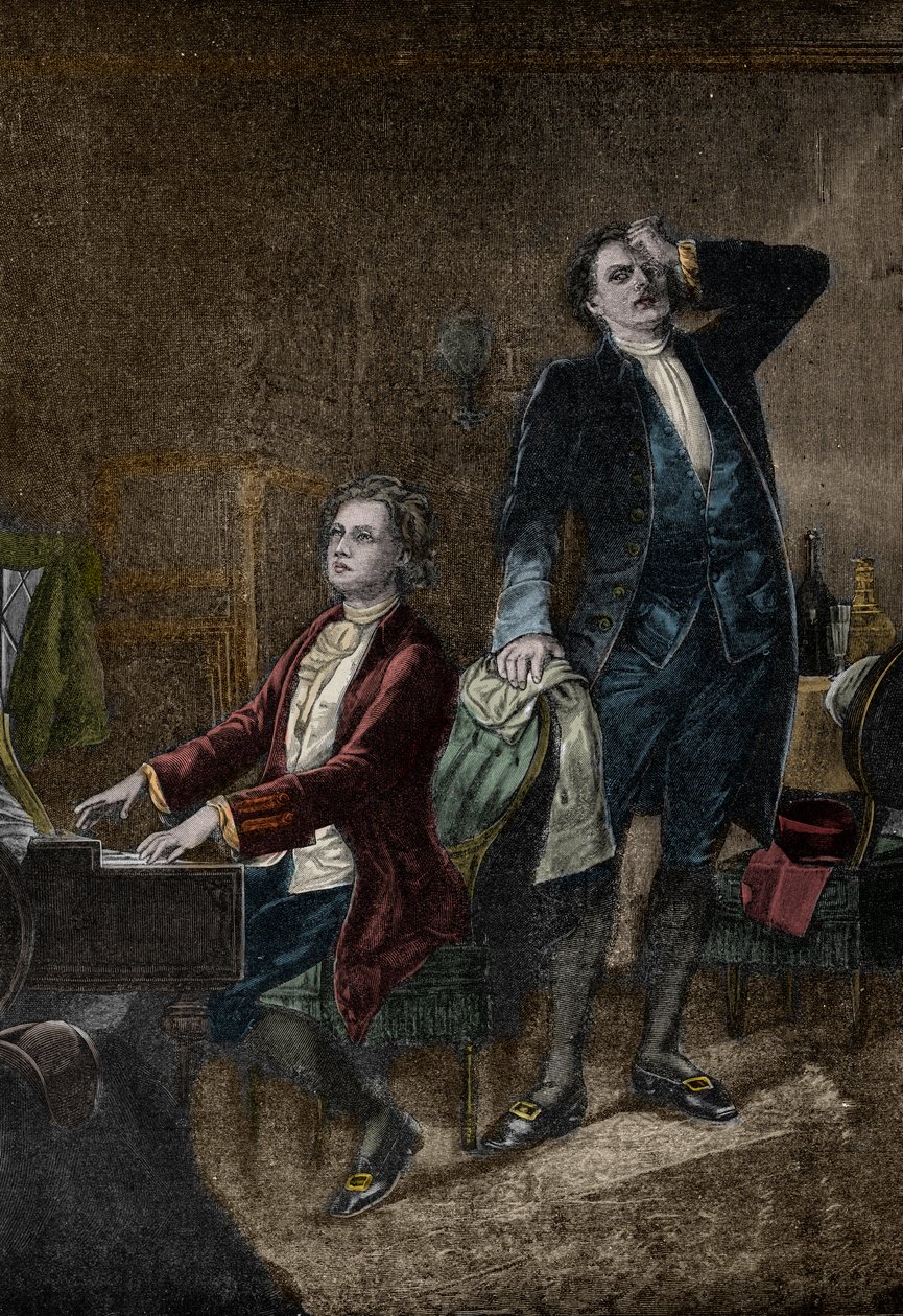 Ilustrace z dramatu „“Mozart a Salieri““, od Alexandra Puškina, Napsáno v roce 1830 – Antonio Salieri žárlivý od Wolfganga Amadea Mozarta od Unknown artist