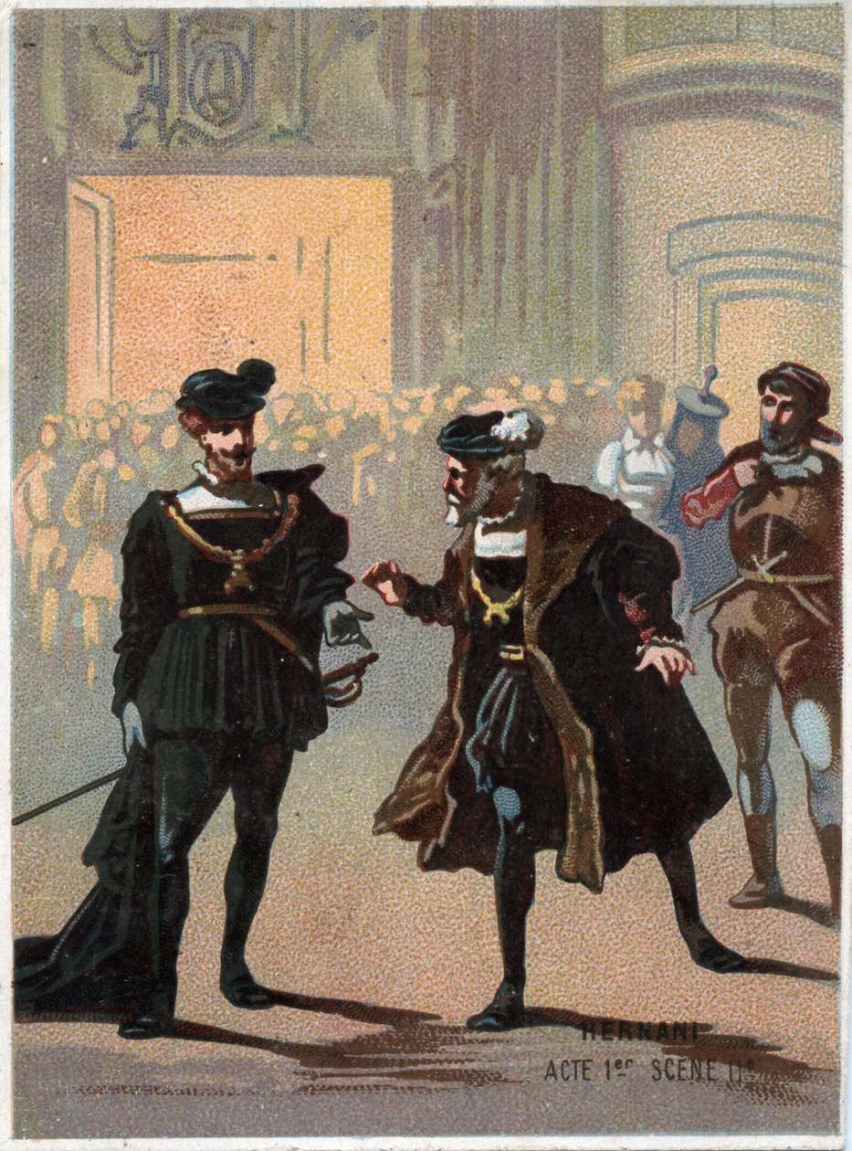 Ilustrace „“ Ernani“ od italského skladatele Giuseppe Verdiho (1813 - 1901), dějství 1, scéna II opera vytvořená v roce 1844 po tragédii „“ Hernani““ od Victora Huga. Chromolitografie konce 19. století. od Unknown artist