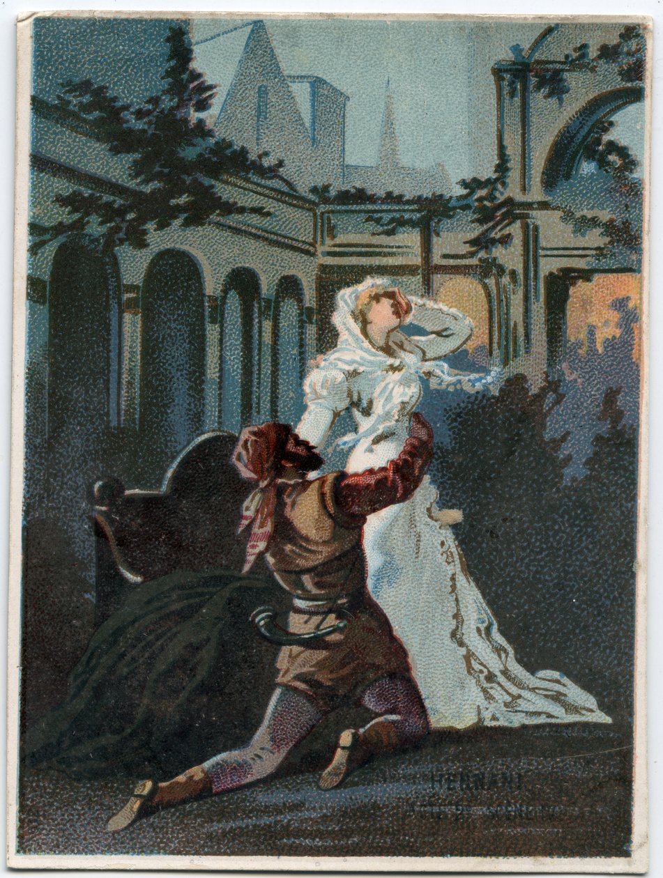Ilustrace „“ Ernani“ od italského skladatele Giuseppe Verdiho (1813 - 1901), dějství 2, scéna IV opera vytvořená v roce 1844 po tragédii „“ Hernani““ od Victora Huga. Chromolitografie konce 19. století. od Unknown artist
