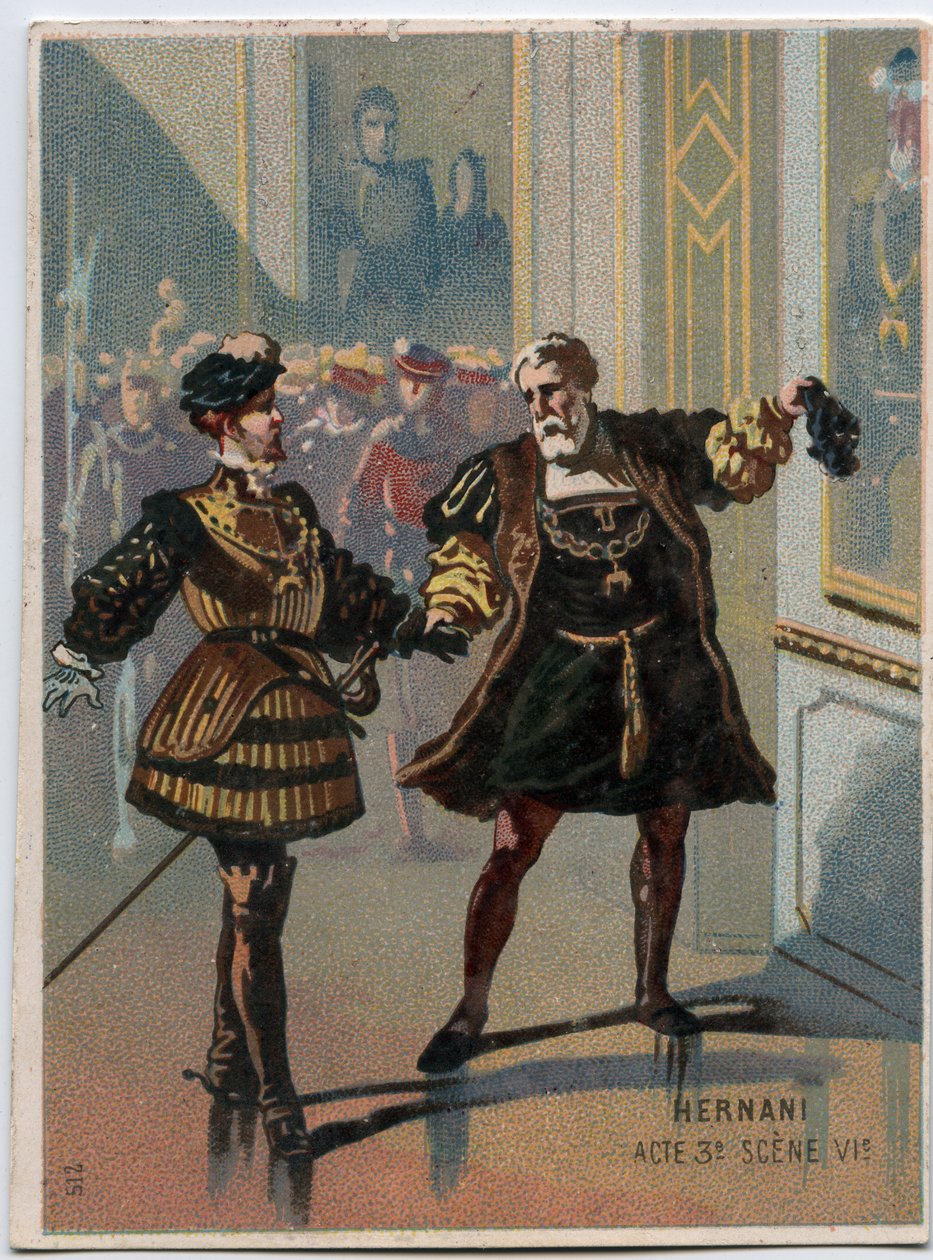 Ilustrace „“ Ernani“ od italského skladatele Giuseppe Verdiho (1813 - 1901), dějství 3, scéna VI opera vytvořená v roce 1844 po tragédii „“ Hernani““ od Victora Huga. Chromolitografie konce 19. století. od Unknown artist