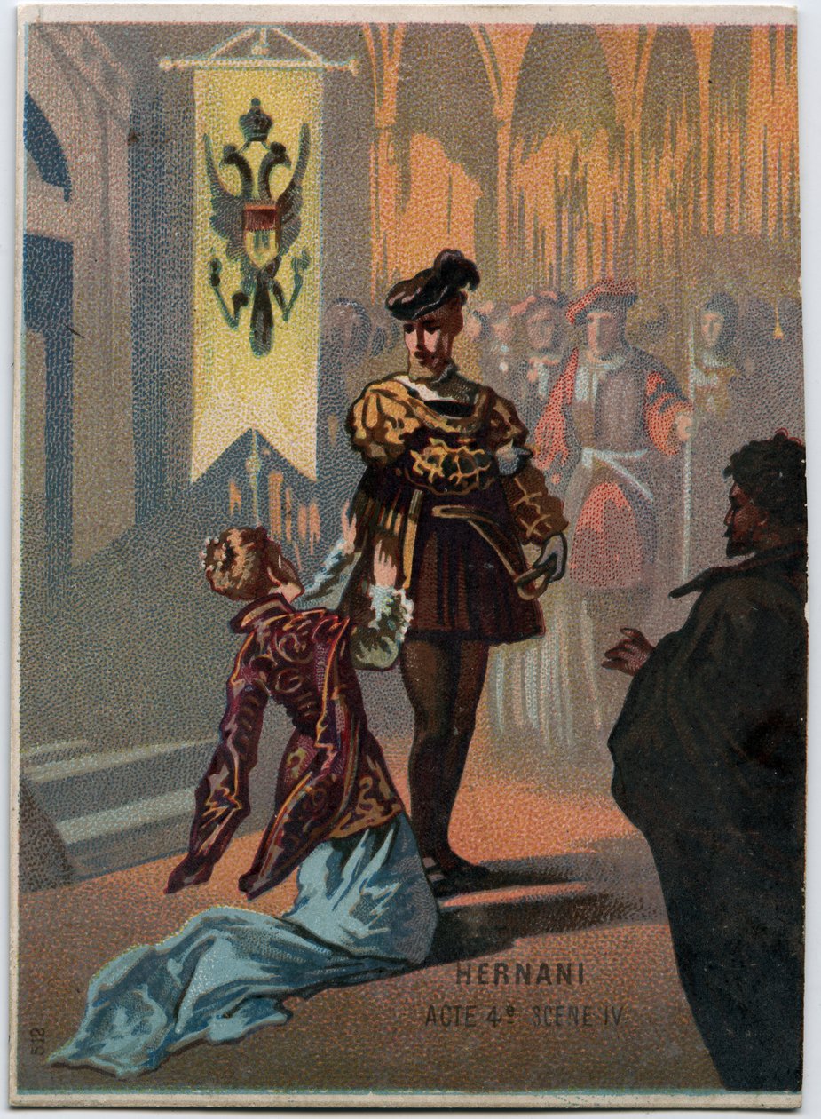 Ilustrace „“ Ernani“ od italského skladatele Giuseppe Verdiho (1813 - 1901), dějství 4, scéna IV opera vytvořená v roce 1844 po tragédii „“ Hernani““ od Victora Huga. Chromolitografie konce 19. století. od Unknown artist