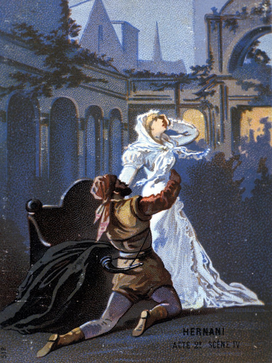 Ilustrace „Ernani“ od italského skladatele Giuseppe Verdiho (1813 - 1901), dějství II, scéna 4, opera vytvořená v roce 1844 po tragédii Victora Huga „Hernani“. chromolitograf z konce 19. století. od Unknown artist