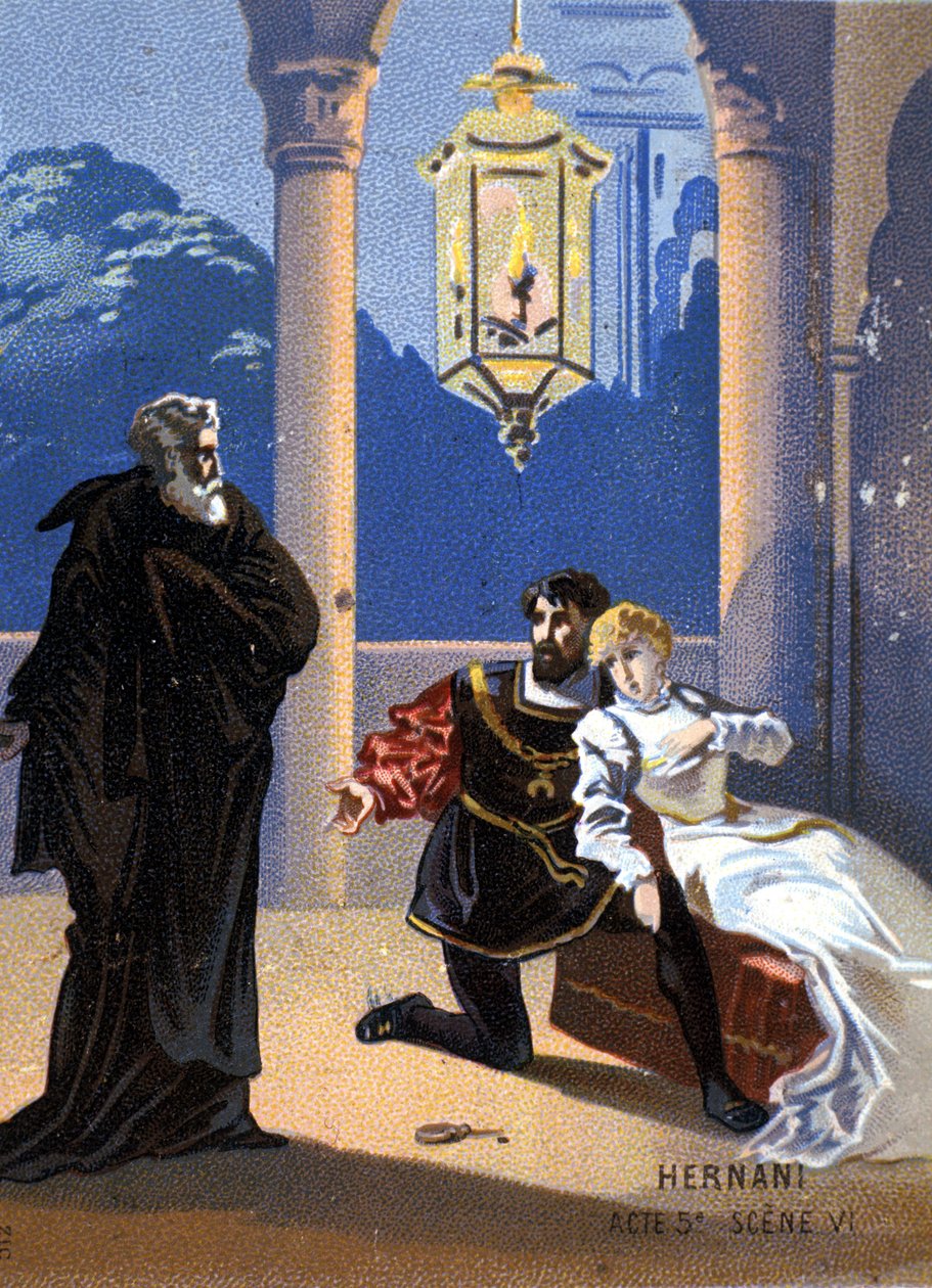 Ilustrace „Ernani“ od italského skladatele Giuseppe Verdiho (1813 - 1901), dějství V, scéna 6, opera vytvořená v roce 1844 po tragédii Victora Huga „Hernani“. chromolitograf z konce 19. století. od Unknown artist