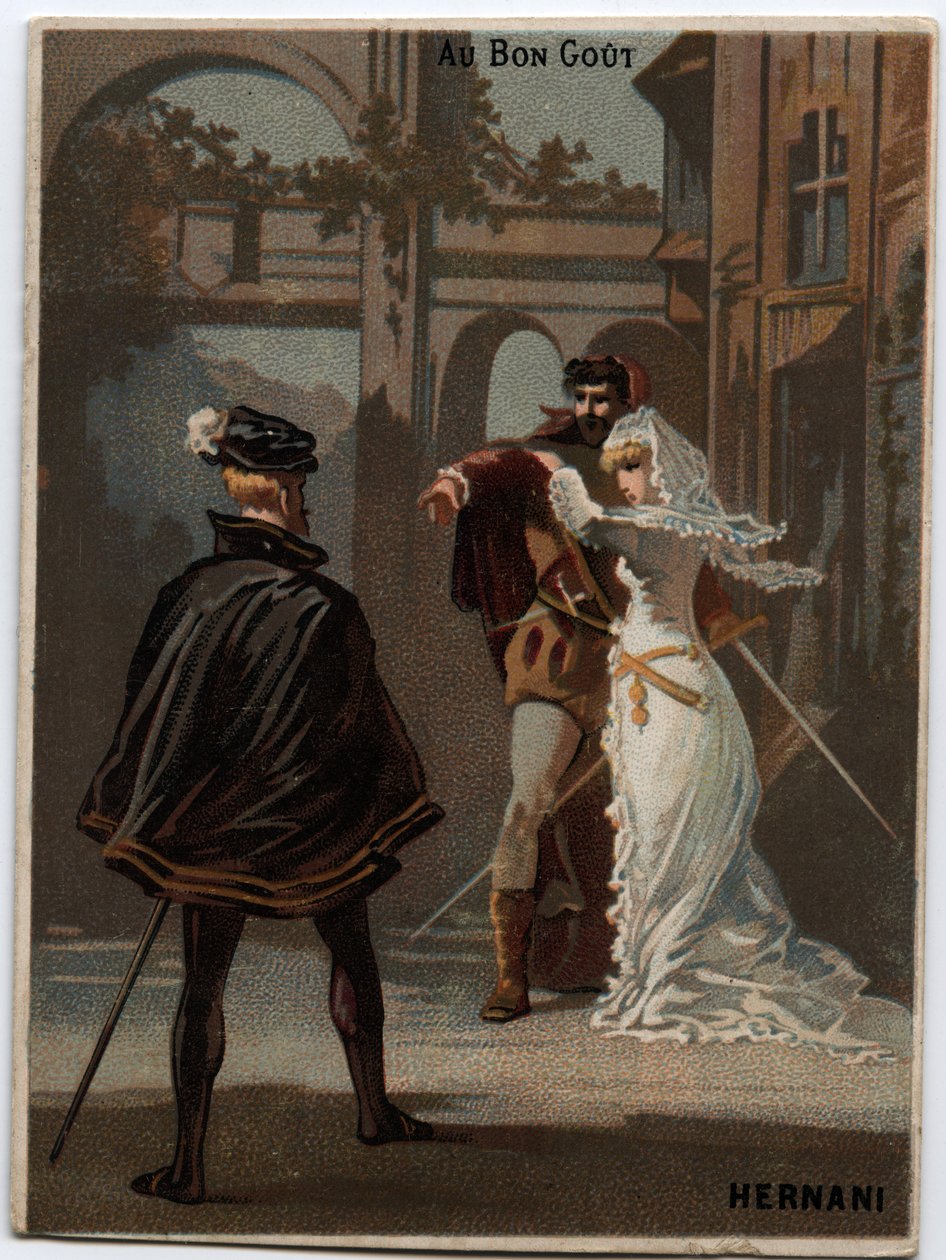 Ilustrace „Ernani“ od italského skladatele Giuseppe Verdiho (1813 - 1901), opera vytvořená v roce 1844 po tragédii Victora Huga „Hernani“. Chromolitografie konce 19. století. od Unknown artist