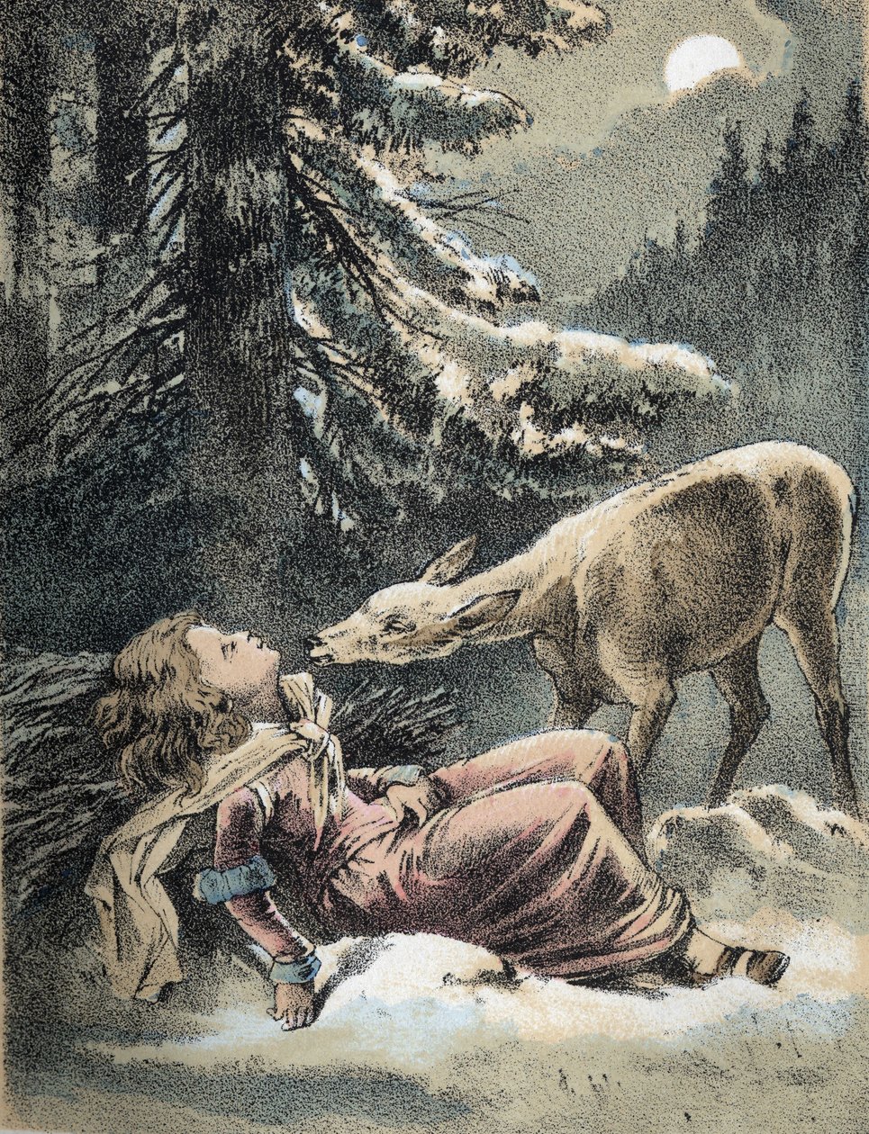 Ilustrace pohádek Franze Hoffmanna „“ Příběhy a bajky – Von Weifsh¿ndchen und breitf¿fschen””: dívka omdlela ve sněhu a jelen. Chromolitografie 19. století. od Unknown artist