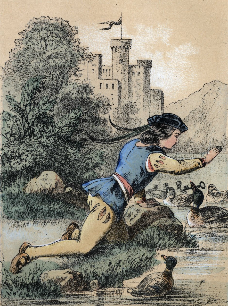Ilustrace pohádek Franze Hoffmanna „“ Příběhy a bajky - Les 3 princů““: Princ dostává klíč od kachny. Chromolitografie 19. století. od Unknown artist