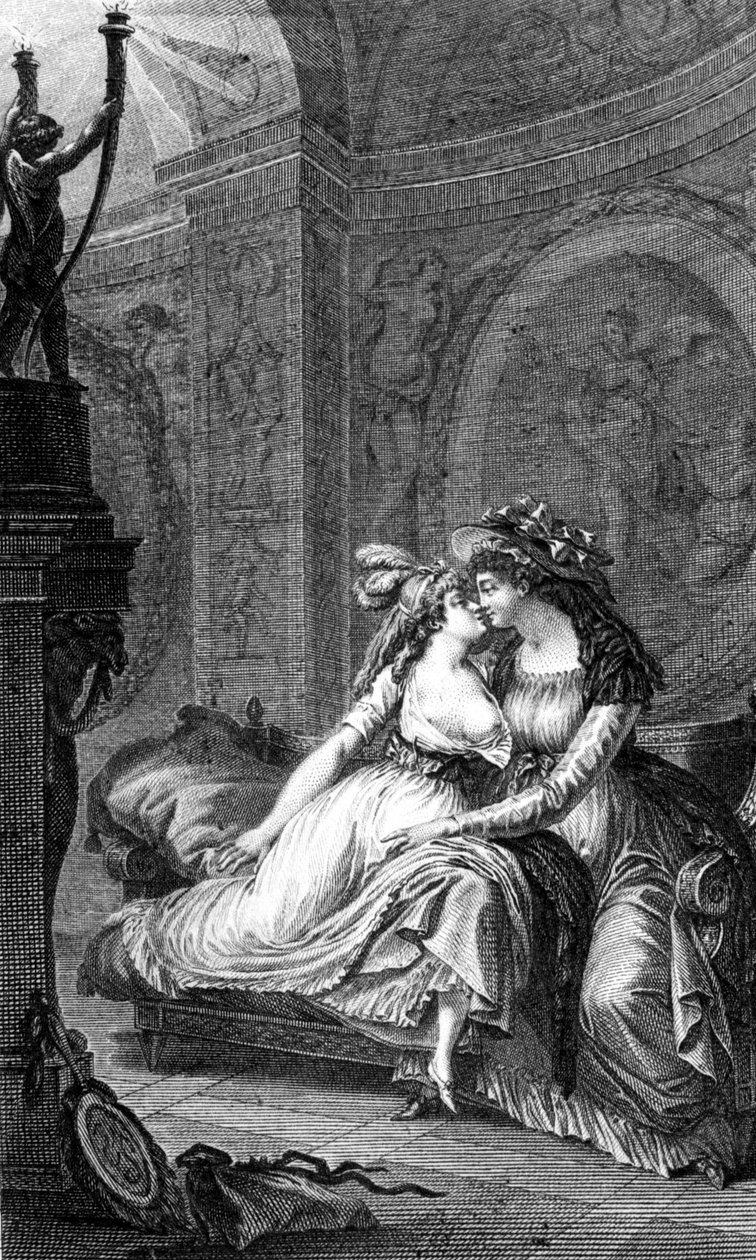 Ilustrace „Nebezpečné vazby“ od Choderlose de Laclose (1741 - 1803): scéna osvobození mezi dvěma ženami. od Unknown artist
