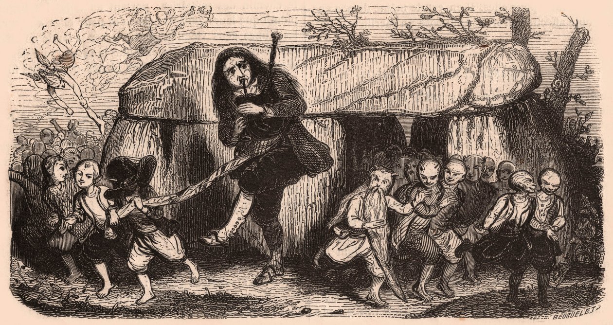 Ilustrace legendy podle bretaňských tradic: hráč na laoské dudy a goblini tančící před dolmenem od Unknown