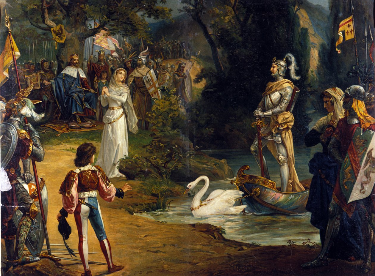 Ilustrace k opeře „“Lohengrin““ německého skladatele Richarda Wagnera (1813-1883). Chromolitografie od Unknown artist