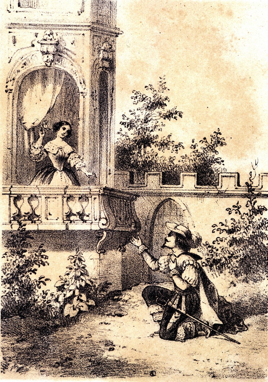 Ilustrace písně „Král tloukl do bubnu““: muž vyjadřující svou lásku ženě u svého okna. sd. od Unknown artist