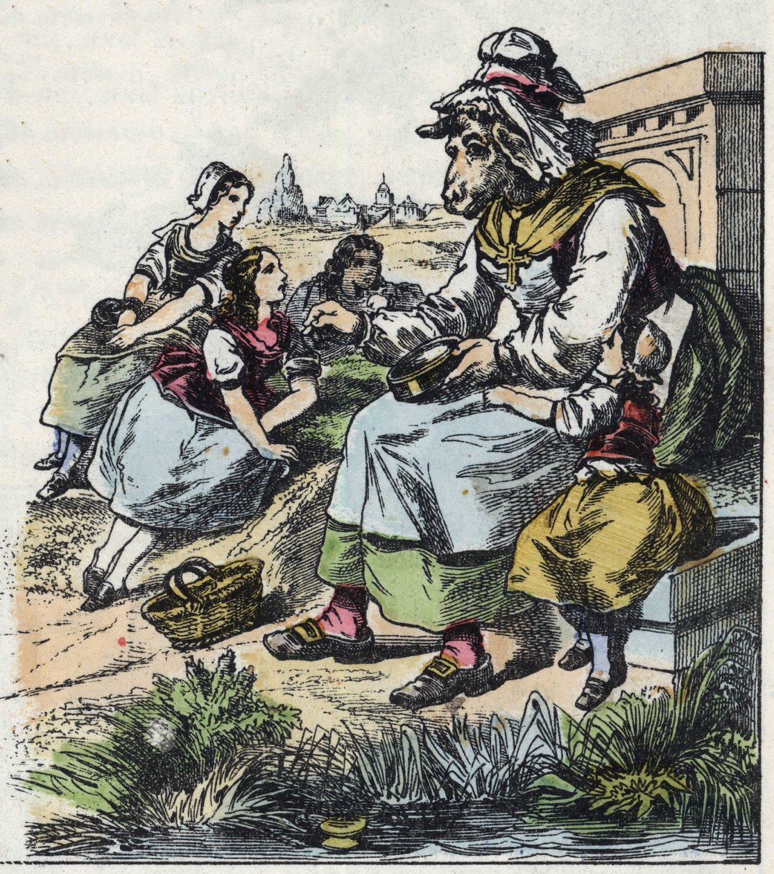 Ilustrace pohádky „Dobrá máma ovečka““. V „“ Pohádky z domova pro nejmenší““. Anonymní rytina 19. století. od Unknown artist