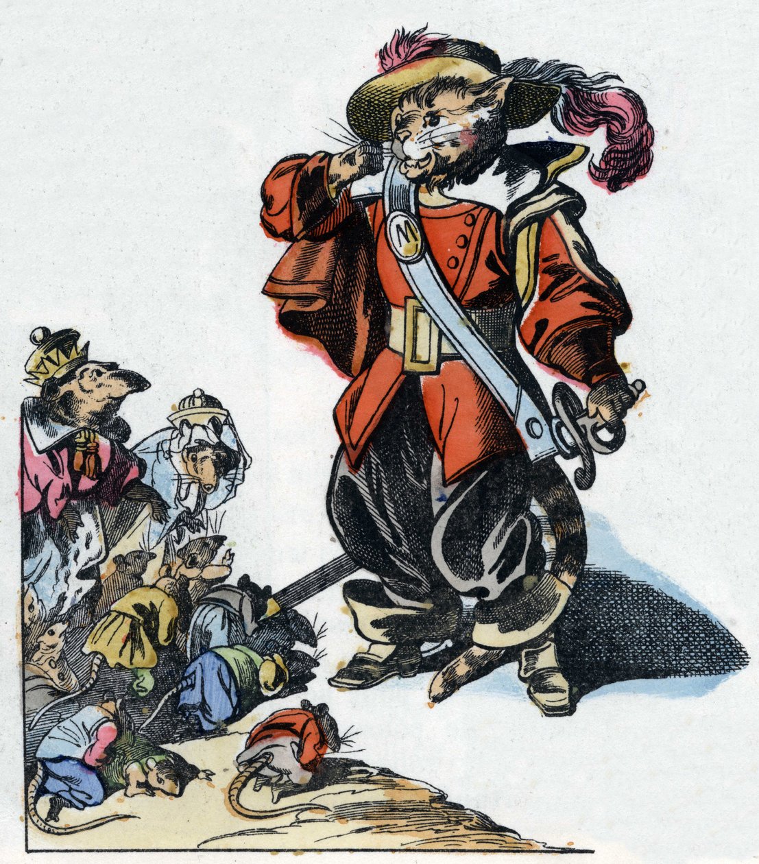 Ilustrace příběhu „Strašný Raminagrobis a myši“““ postava kreslí bajky Jeana de la Fontaina. V „“ Pohádky z domova pro nejmenší““. Anonymní rytina 19. století. od Unknown artist