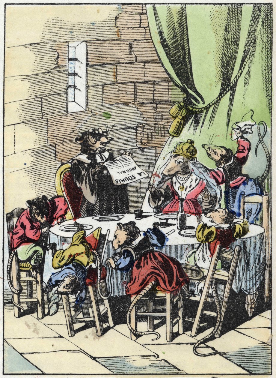 Ilustrace příběhu „Strašný Raminagrobis a myši“““ postava kreslí bajky Jeana de la Fontaina. V „“ Pohádky z domova pro nejmenší““. Anonymní rytina 19. století. od Unknown artist