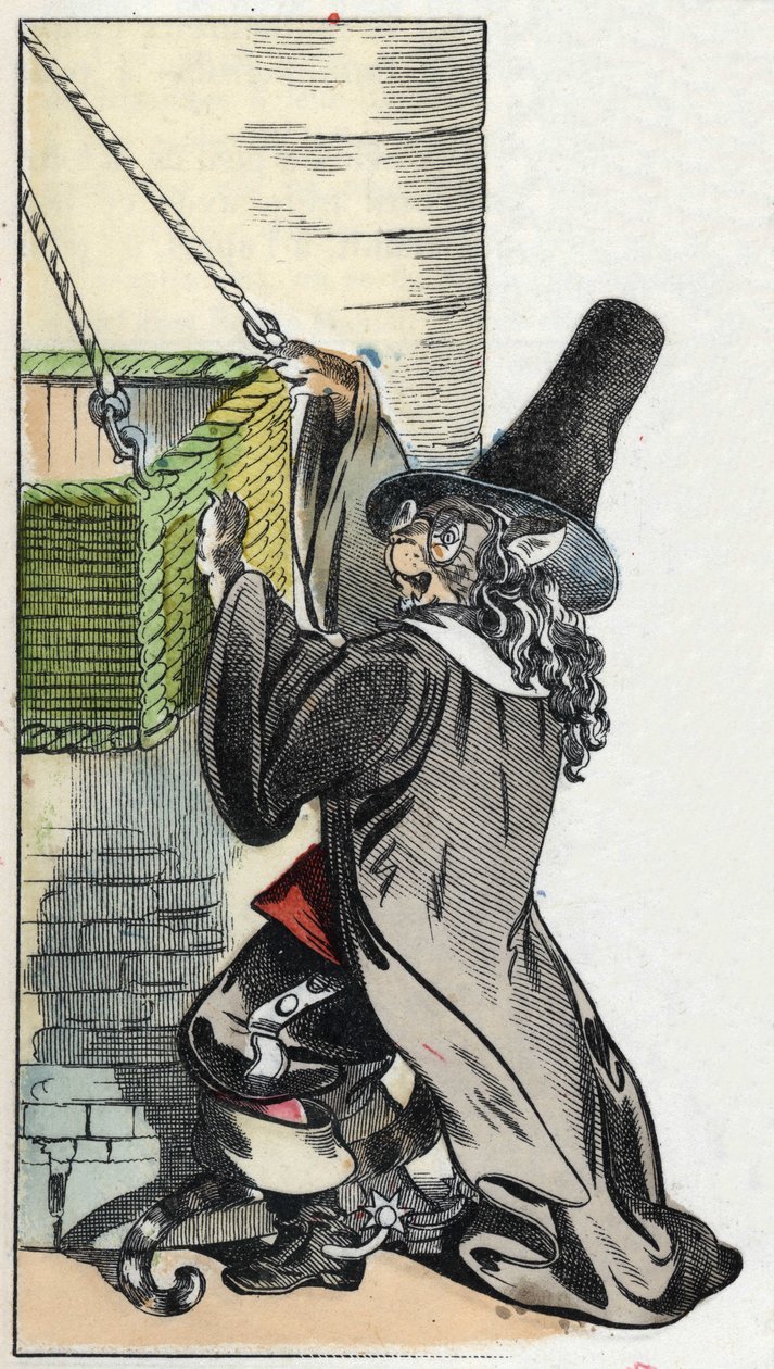 Ilustrace příběhu „Strašný Raminagrobis a myši“““ postava kreslí bajky Jeana de la Fontaina. V „“ Pohádky z domova pro nejmenší““. Anonymní rytina 19. století. od Unknown artist