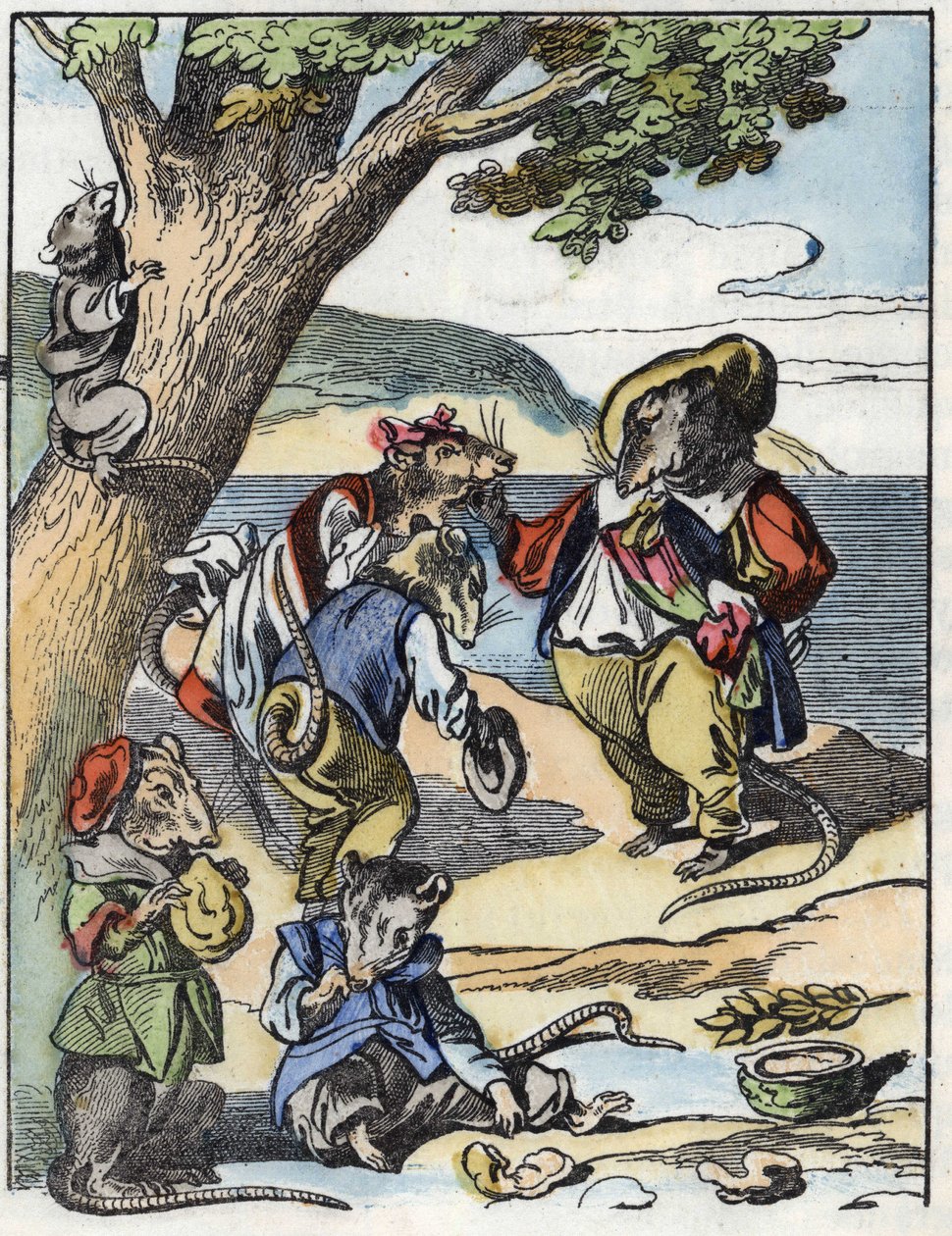 Ilustrace příběhu „Strašný Raminagrobis a myši“““ postava kreslí bajky Jeana de la Fontaina. V „“ Pohádky z domova pro nejmenší““. Anonymní rytina 19. století. od Unknown artist