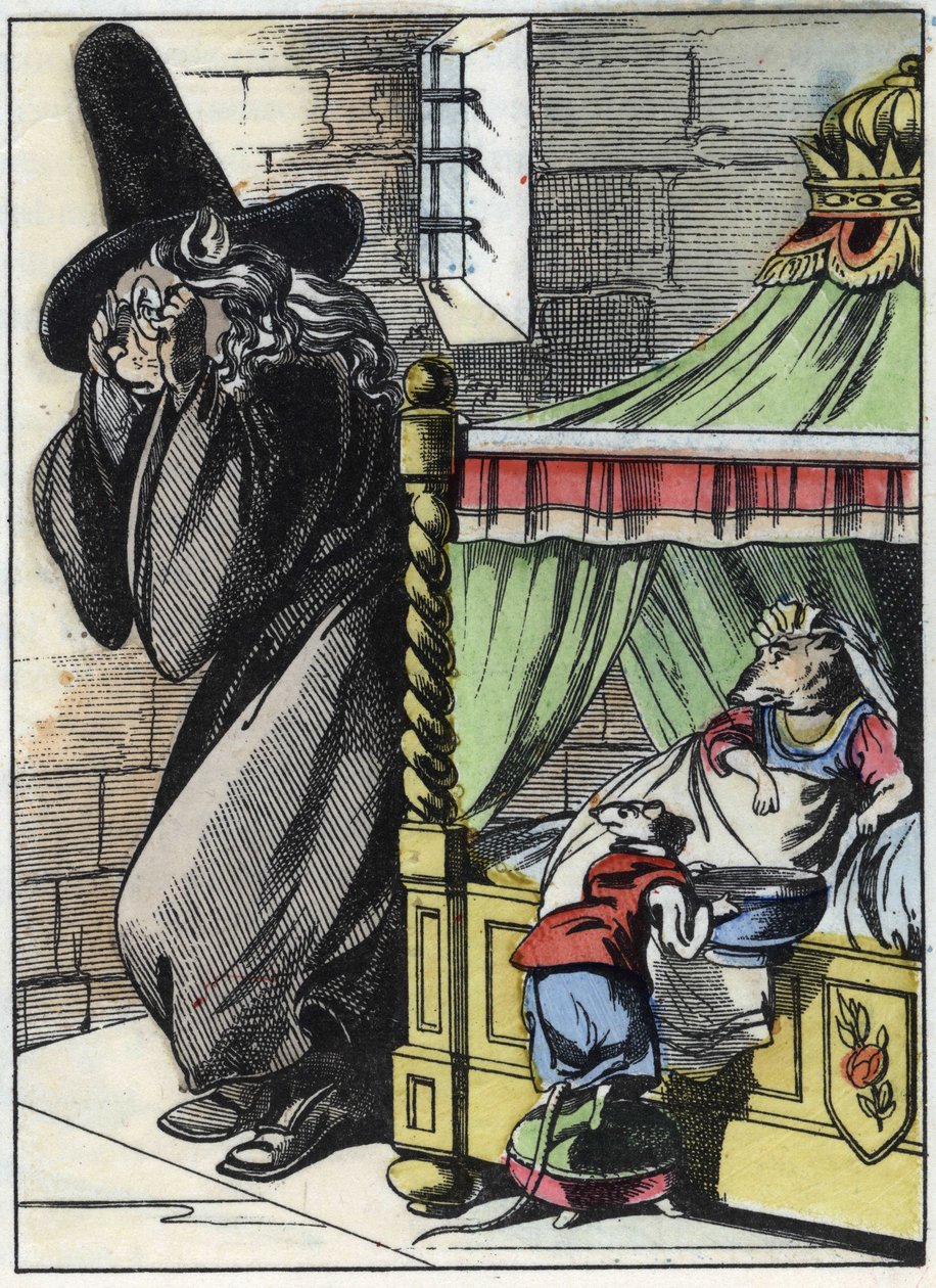 Ilustrace příběhu „Strašný Raminagrobis a myši“““ postava kreslí bajky Jeana de la Fontaina. V „“ Pohádky z domova pro nejmenší““. Anonymní rytina 19. století. od Unknown artist