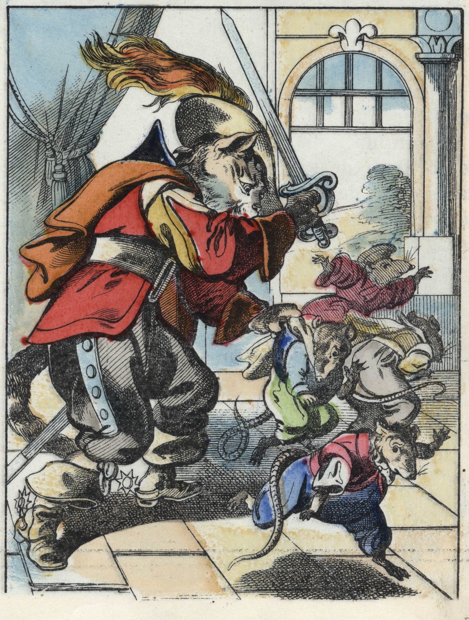 Ilustrace příběhu „Strašný Raminagrobis a myši“““ postava kreslí bajky Jeana de la Fontaina. V „“ Pohádky z domova pro nejmenší““. Anonymní rytina 19. století. od Unknown artist