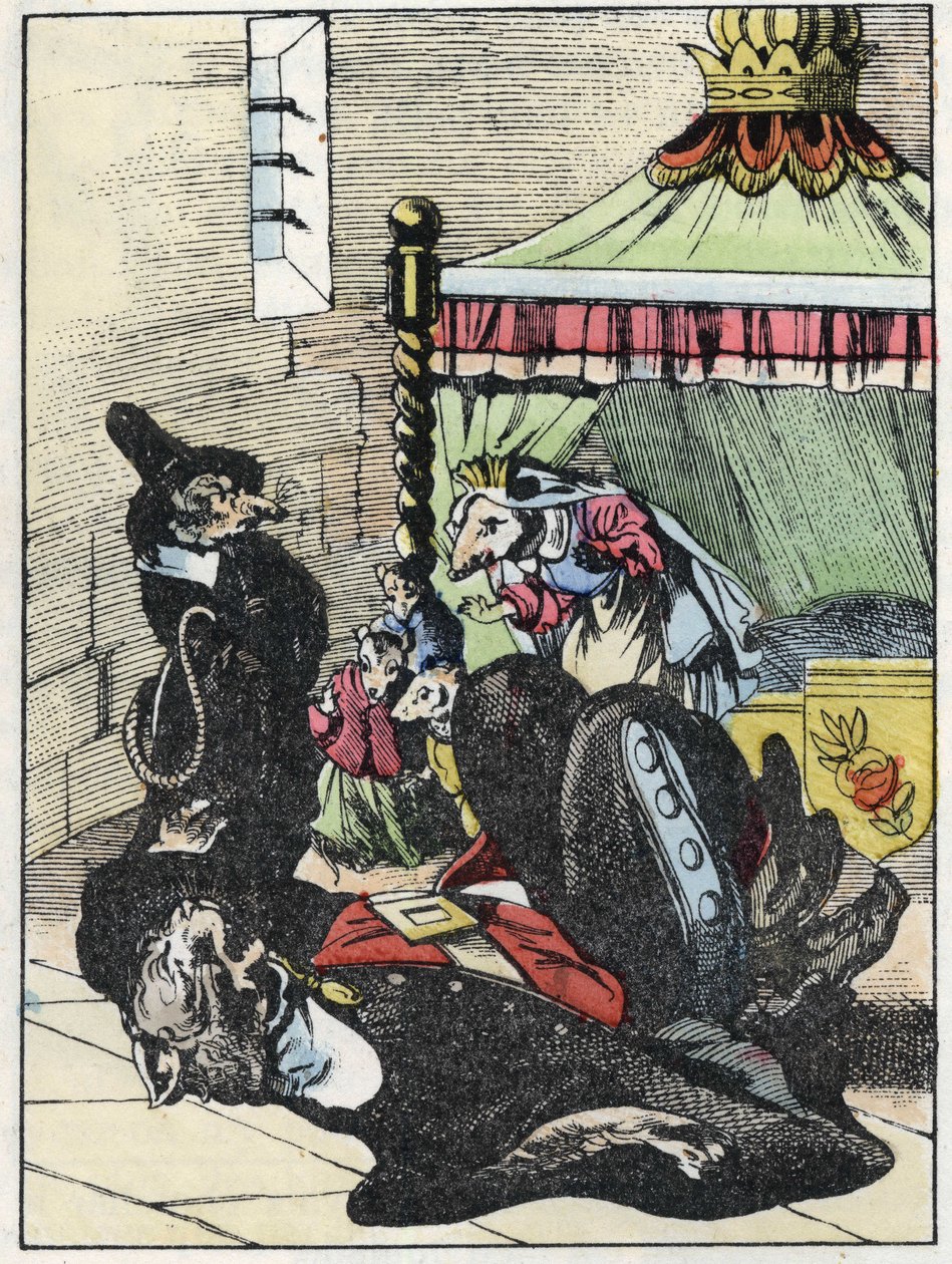 Ilustrace příběhu „Strašný Raminagrobis a myši“““ postava kreslí bajky Jeana de la Fontaina. V „“ Pohádky z domova pro nejmenší““. Anonymní rytina 19. století. od Unknown artist