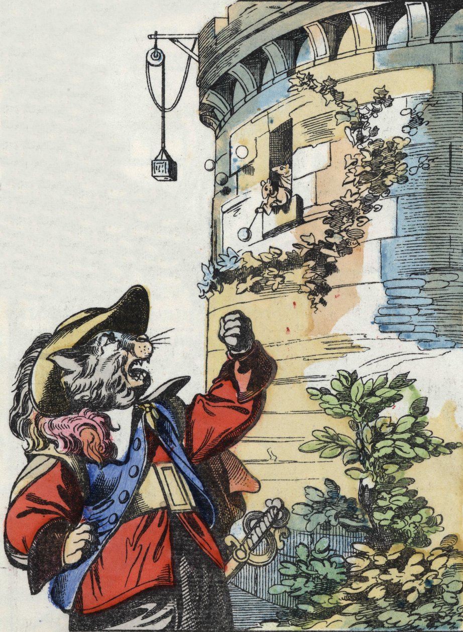 Ilustrace příběhu „Strašný Raminagrobis a myši“““ postava kreslí bajky Jeana de la Fontaina. V „“ Pohádky z domova pro nejmenší““. Anonymní rytina 19. století. od Unknown artist