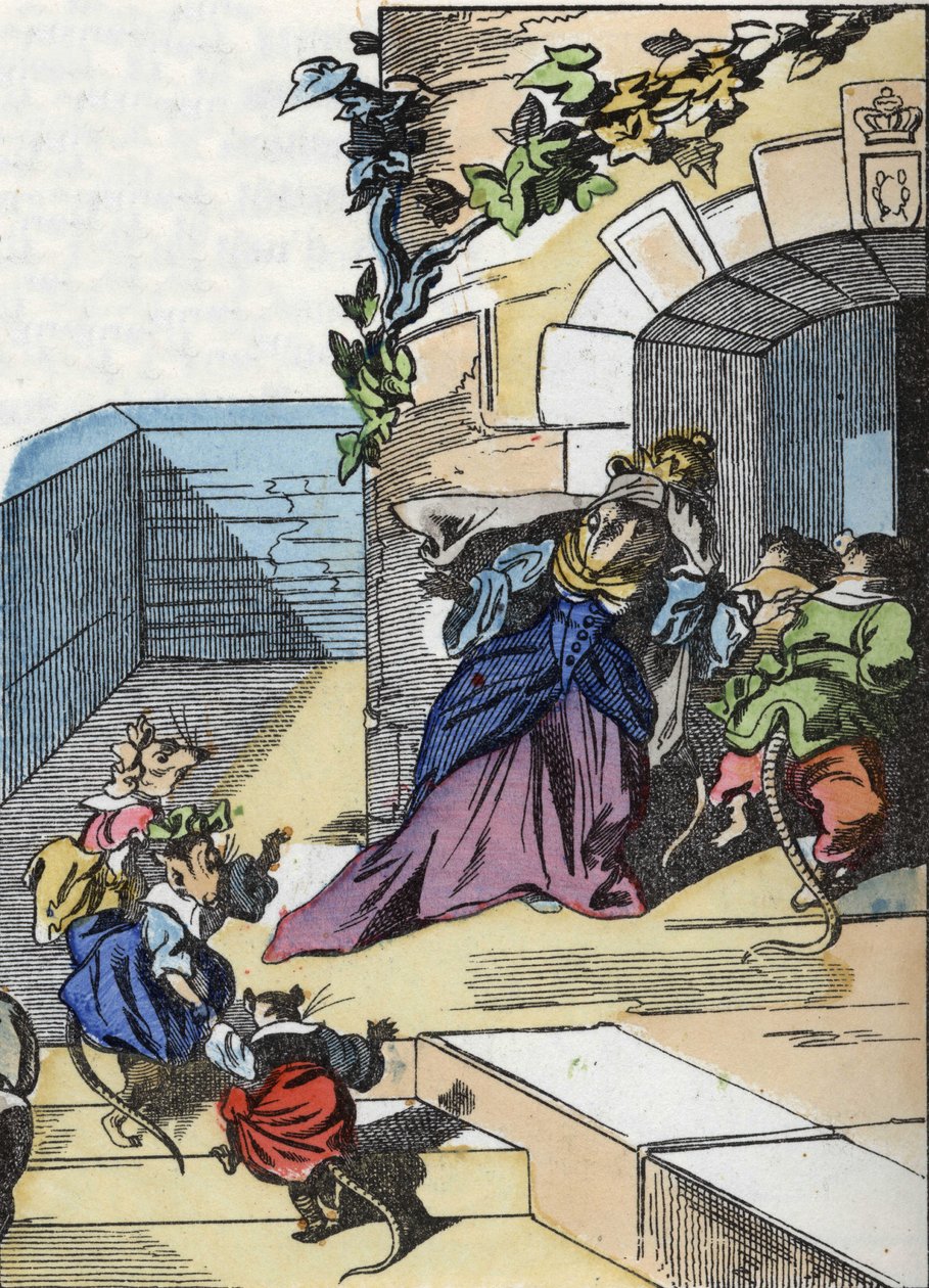 Ilustrace příběhu „Strašný Raminagrobis a myši“““ postava kreslí bajky Jeana de la Fontaina. V „“ Pohádky z domova pro nejmenší““. Anonymní rytina 19. století. od Unknown artist