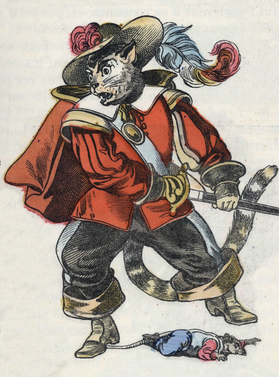 Ilustrace příběhu „Strašný Raminagrobis a myši“““ postava kreslí bajky Jeana de la Fontaina. V „“ Pohádky z domova pro nejmenší““. Anonymní rytina 19. století. od Unknown artist