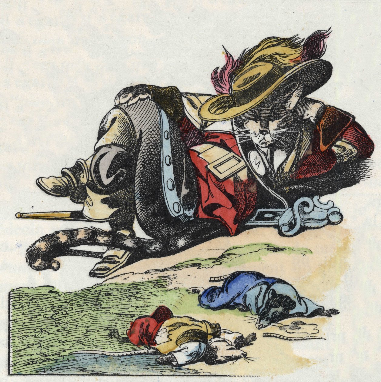 Ilustrace příběhu „Strašný Raminagrobis a myši“““ postava kreslí bajky Jeana de la Fontaina. V „“ Pohádky z domova pro nejmenší““. Anonymní rytina 19. století. od Unknown artist