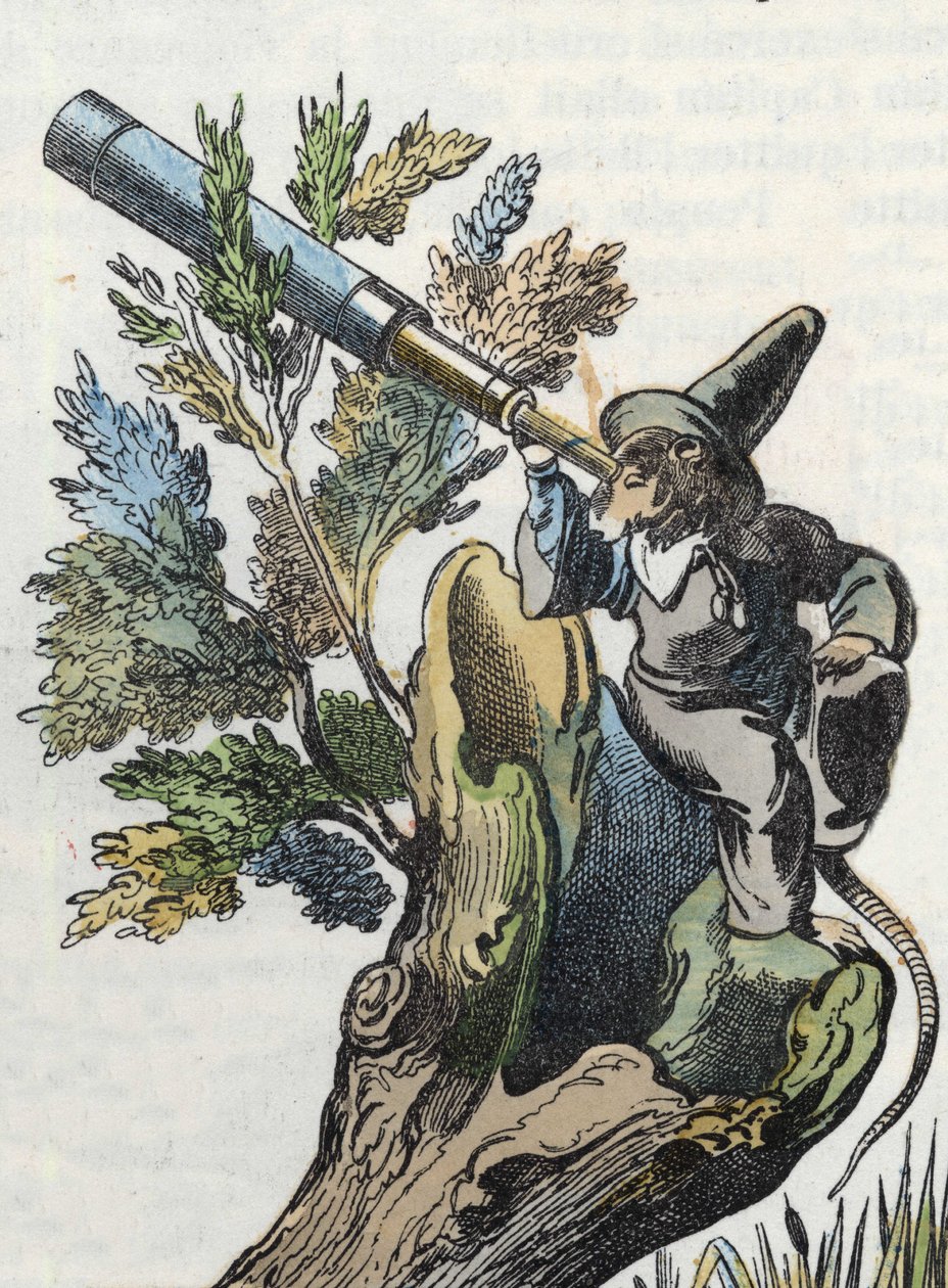 Ilustrace příběhu „Strašný Raminagrobis a myši“““ postava kreslí bajky Jeana de la Fontaina. V „“ Pohádky z domova pro nejmenší““. Anonymní rytina 19. století. od Unknown artist