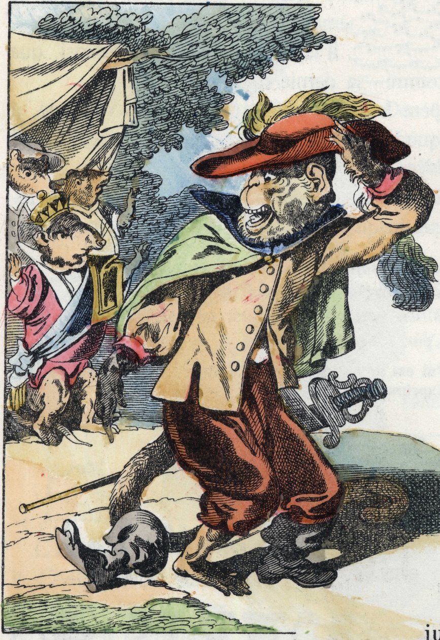 Ilustrace příběhu „Strašný Raminagrobis a myši“““ postava kreslí bajky Jeana de la Fontaina. V „“ Pohádky z domova pro nejmenší““. Anonymní rytina 19. století. od Unknown artist