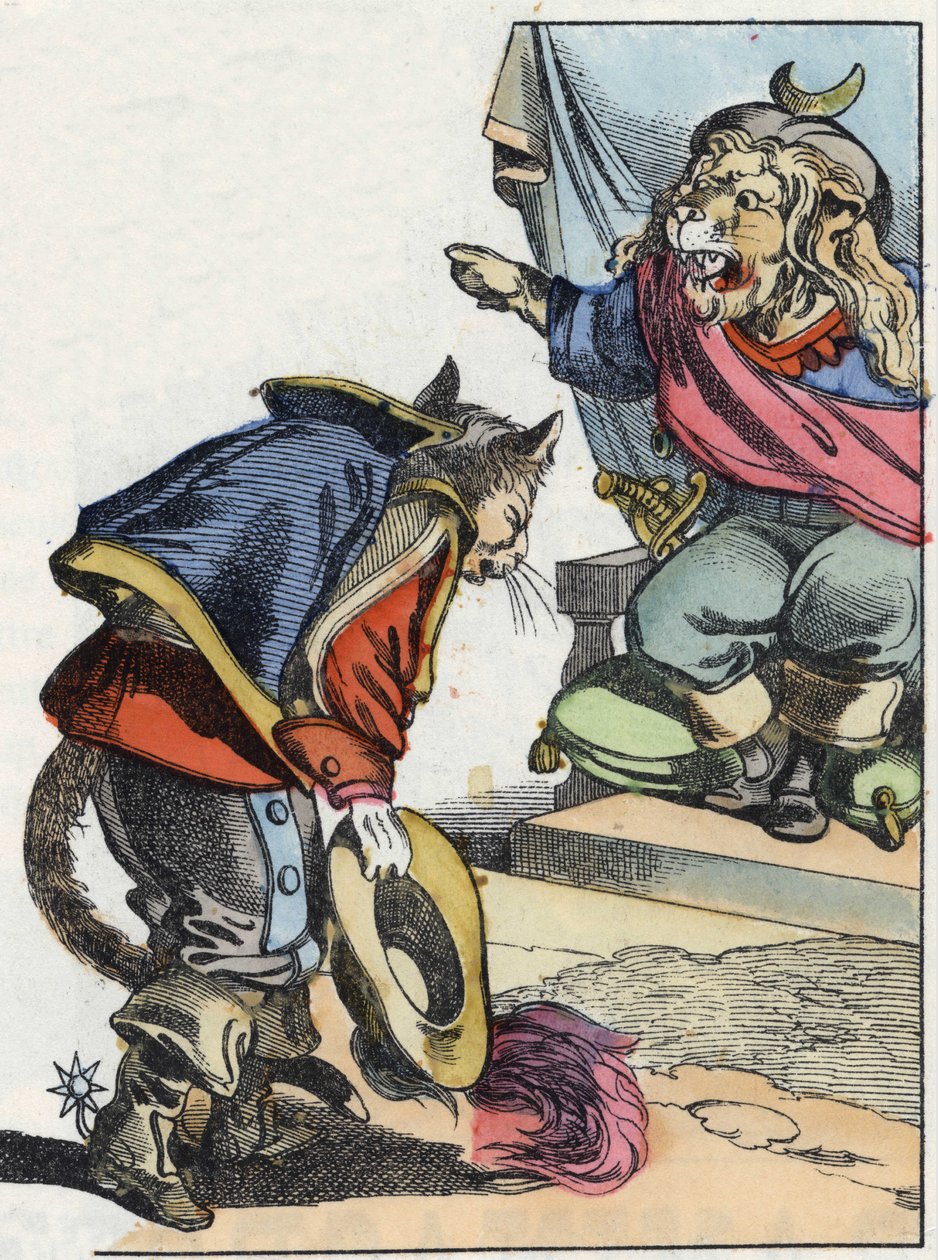 Ilustrace příběhu „Strašný Raminagrobis a myši“““ postava kreslí bajky Jeana de la Fontaina. V „“ Pohádky z domova pro nejmenší““. Anonymní rytina 19. století. od Unknown artist