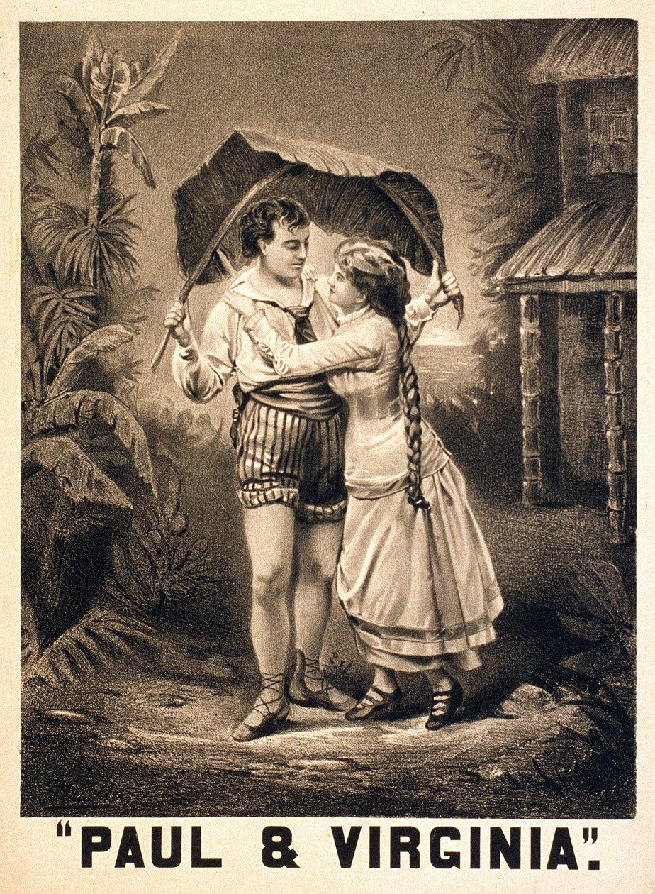 Ilustrace o Paulovi a Virginii. Roman Henri Bernardin de Saint Pierre (Saint-Pierre nebo St-Pierre), francouzský spisovatel (1737-1814). Litografie, kolem roku 1880. od Unknown artist