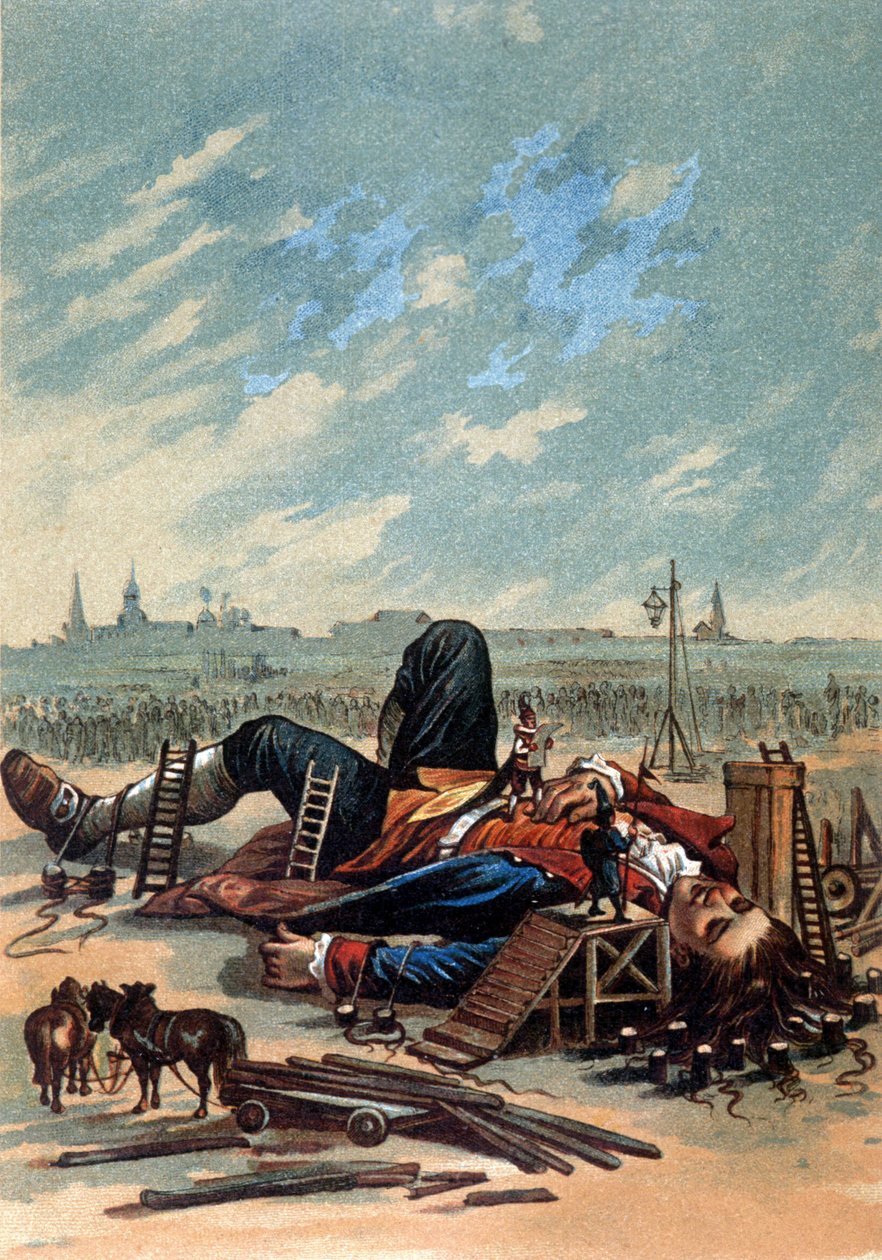 Ilustrace zobrazující liliputány připevňující Gullivera. Chromolitografie, sd. Konec 19. století. od Unknown artist