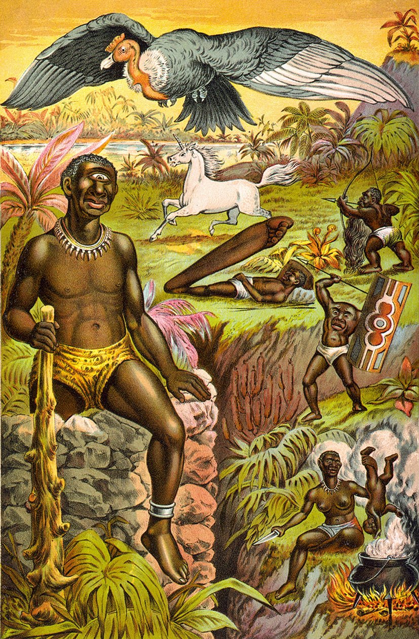 Ilustrace s imaginárními příšerami z Afriky s názvem „“Africké pověry ilustrované““ (kyklop, jednorožec...), cca 1889. od Unknown artist