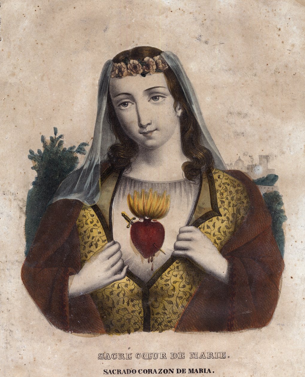 Neposkvrněné Srdce Panny Marie - Náboženský obraz Nejsvětějšího Srdce Panny Marie - rytina z 19. století - Sagrado corazon od Marie - Inmaculado Corazon od Marie - od Unknown artist