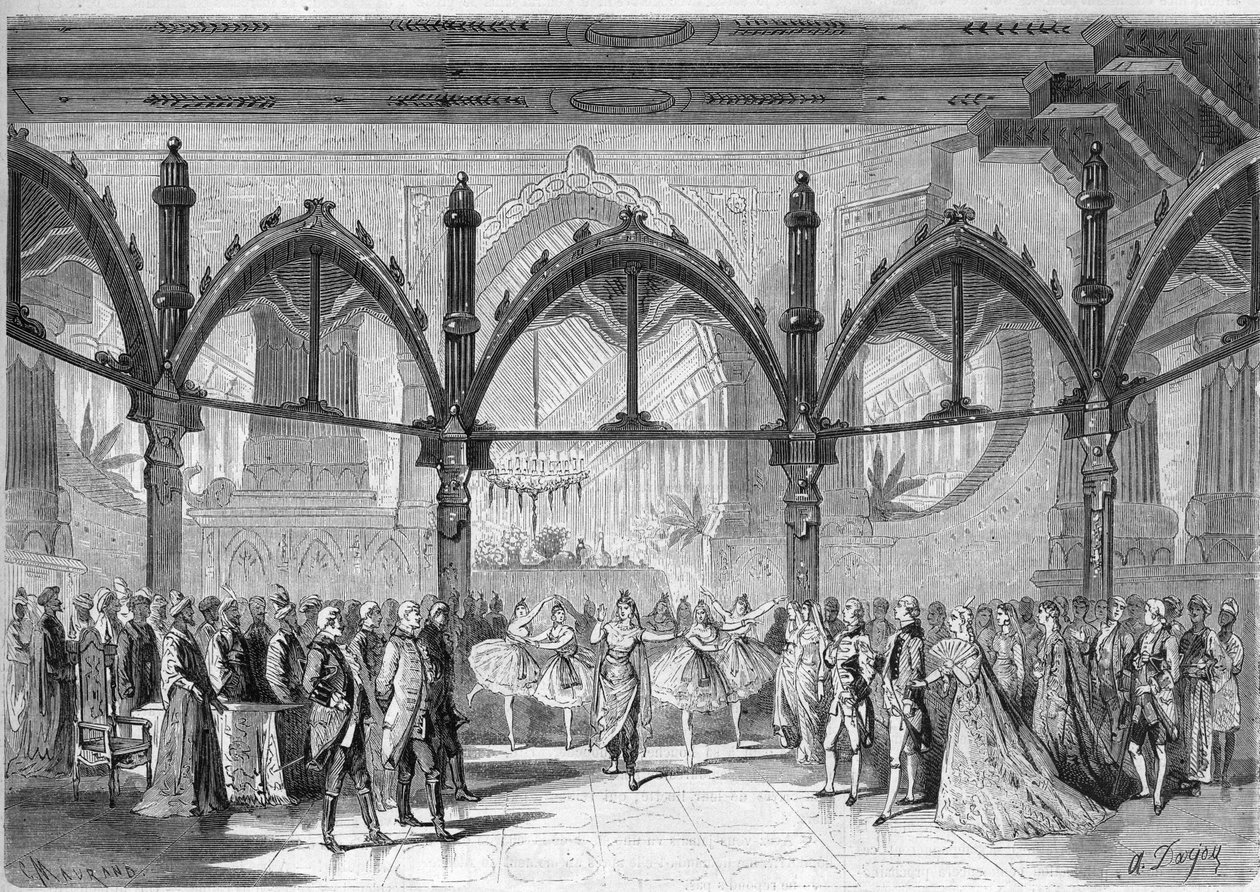 Císařské divadlo Komické opery: Scéna IV, II. dějství opery „První den štěstí“ od Daniela Francoise Esprita Aubera (1782-1871). Gravírování do „“The Illustrious Universe““ od Unknown artist