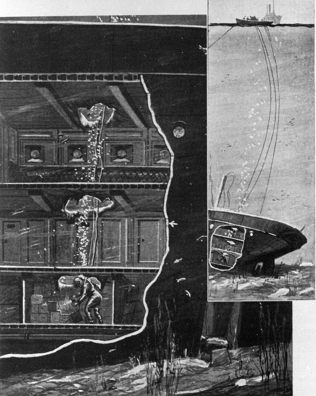 V roce 1885 se potápěč Alexander Lambert dostal do pokladnice vraku „Alfonso XII“ v hlubinách Kanárských ostrovů. Období ilustrace od Unknown artist