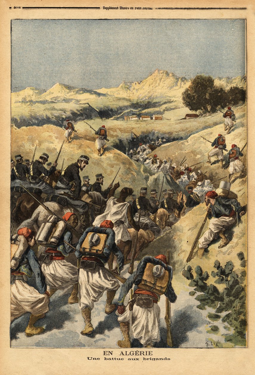V Alžírsku prapor organizovaný celým praporem Zouaves, posíleným kavalérií, aby zajal Areskiho ben Bashira, třikrát odsouzeného k smrti alžírským soudem. Rytina v „“ Le petit journal““ 23. 12. 1893. Selva sbírka. od Unknown artist