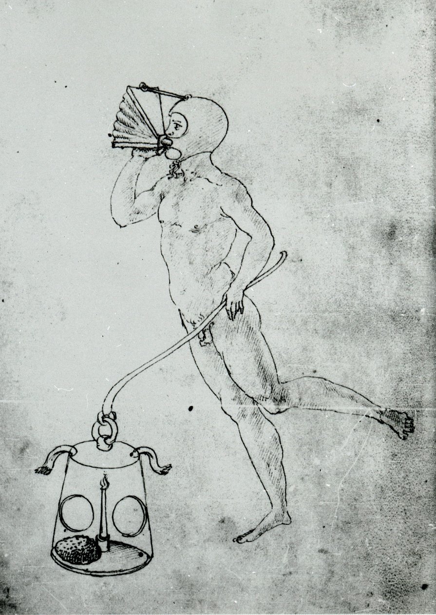 Ve svazku Francesca di Giorgia se objevuje tato kresba zobrazující měch pro dýchání pod vodou od Unknown artist